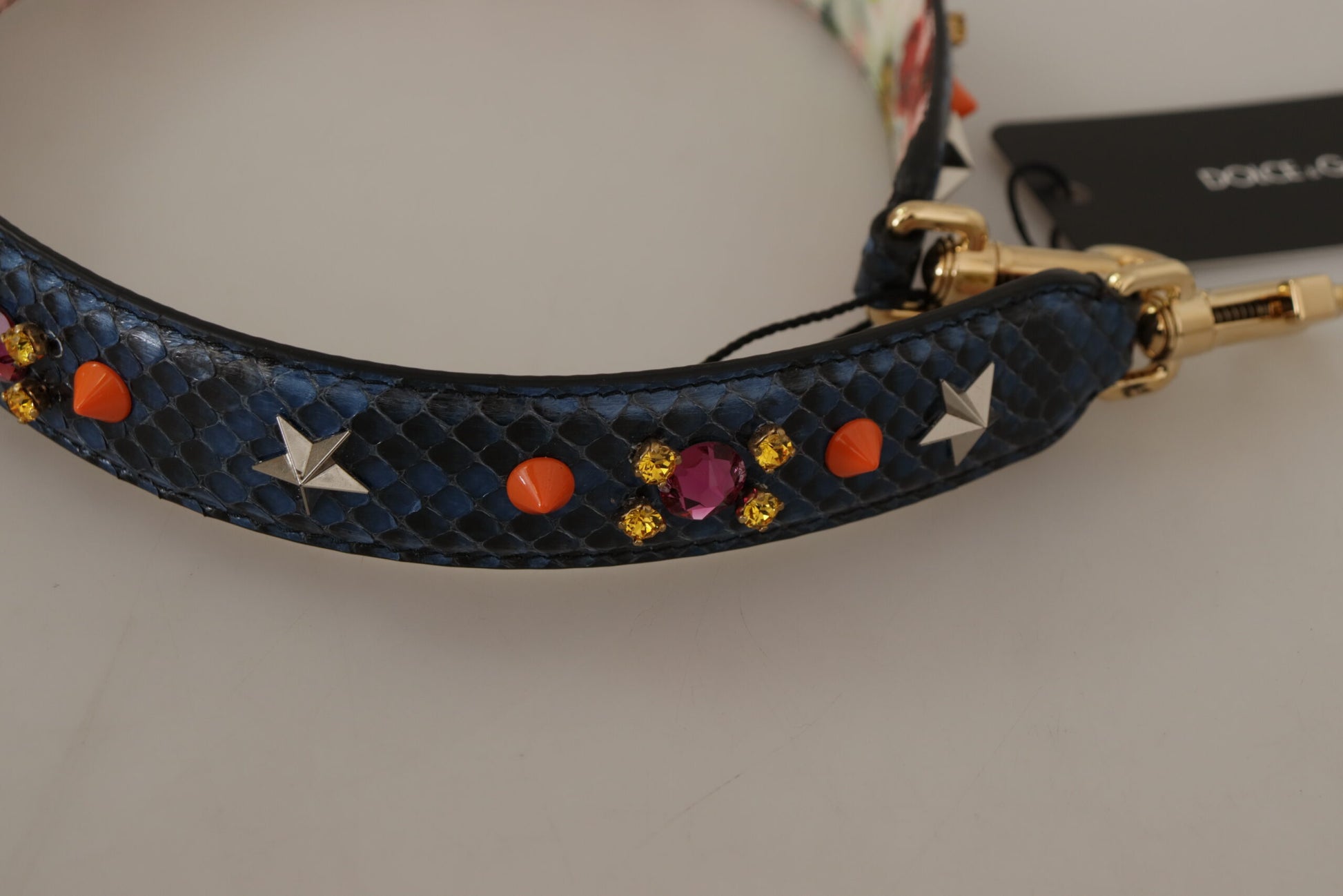 Bandoulière réversible en cuir exotique bleu avec cristaux