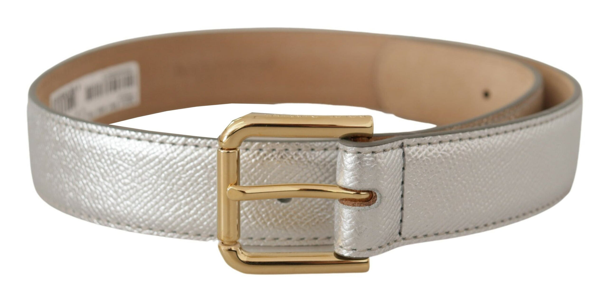 Ceinture en cuir argenté avec boucle en métal doré et logo.