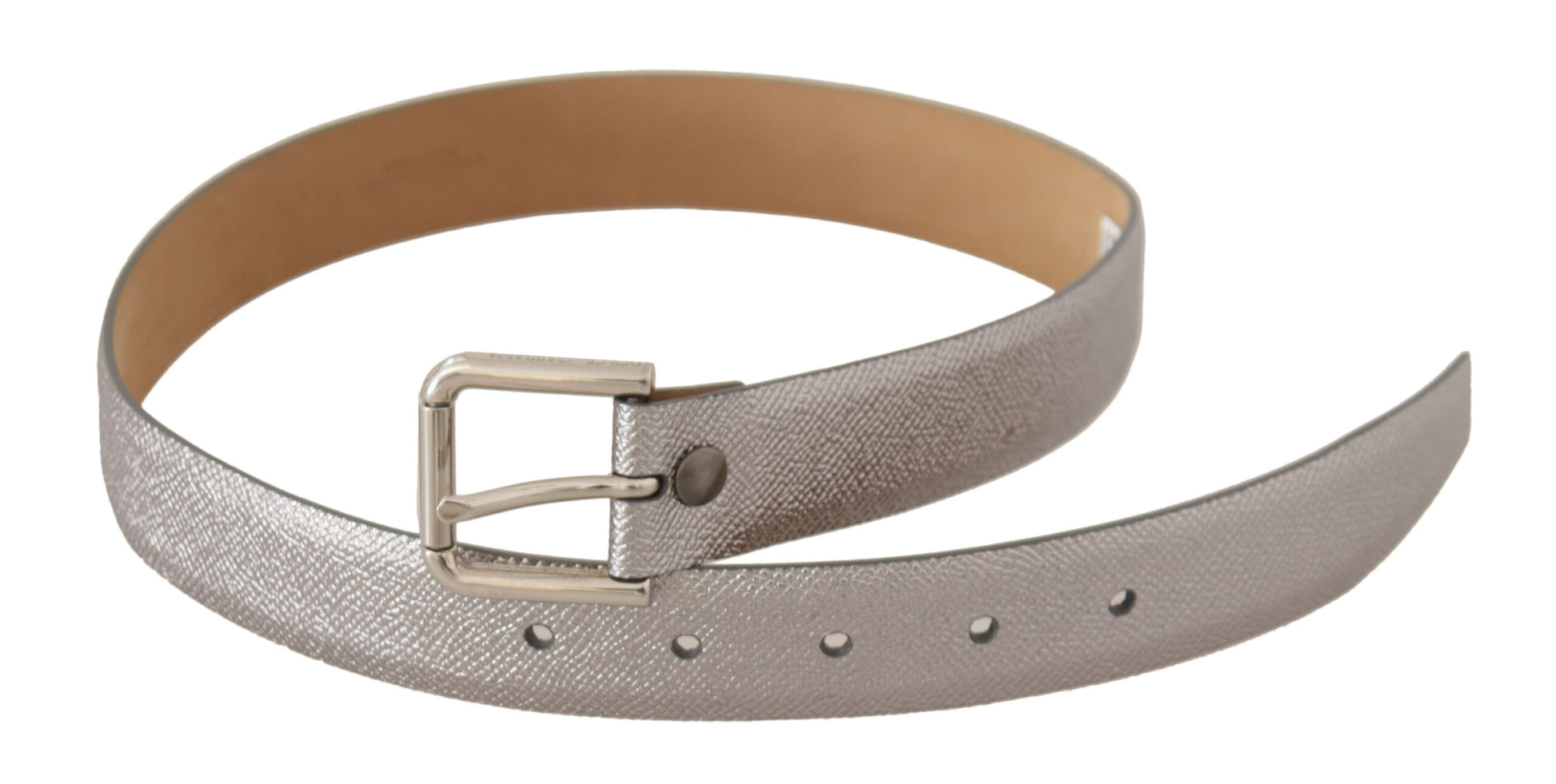 Ceinture en cuir argenté métallisé avec boucle en métal.