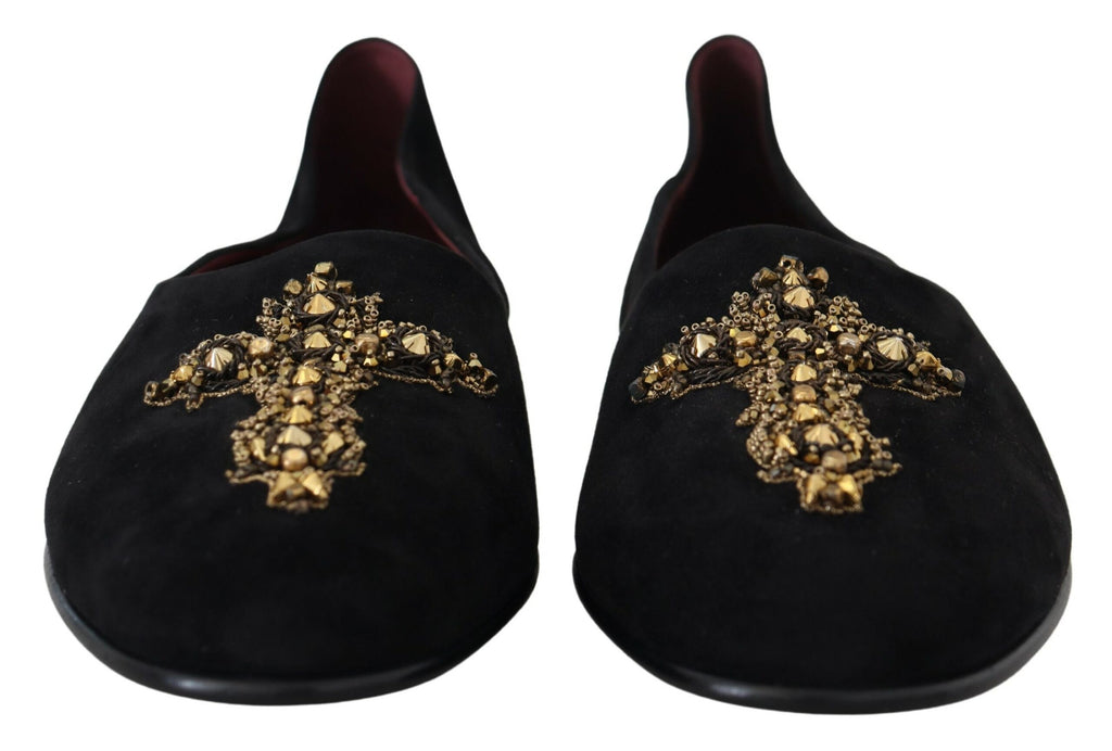 Brogues plates en daim noir avec détail croisé doré