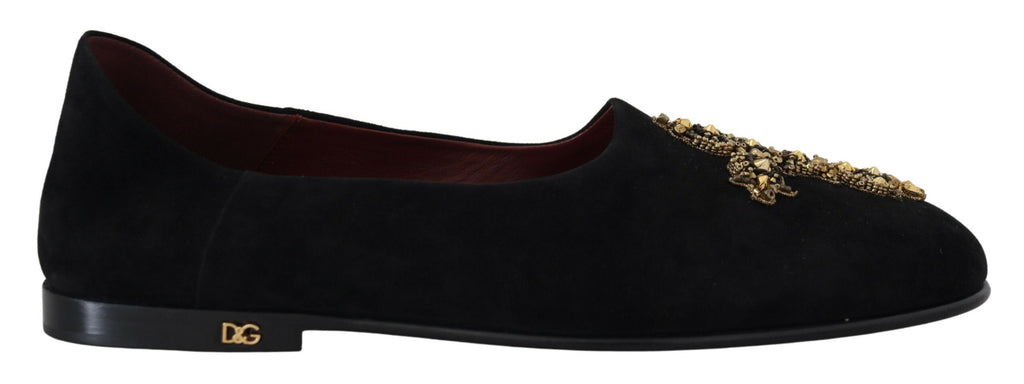 Brogues plates en daim noir avec détail croisé doré