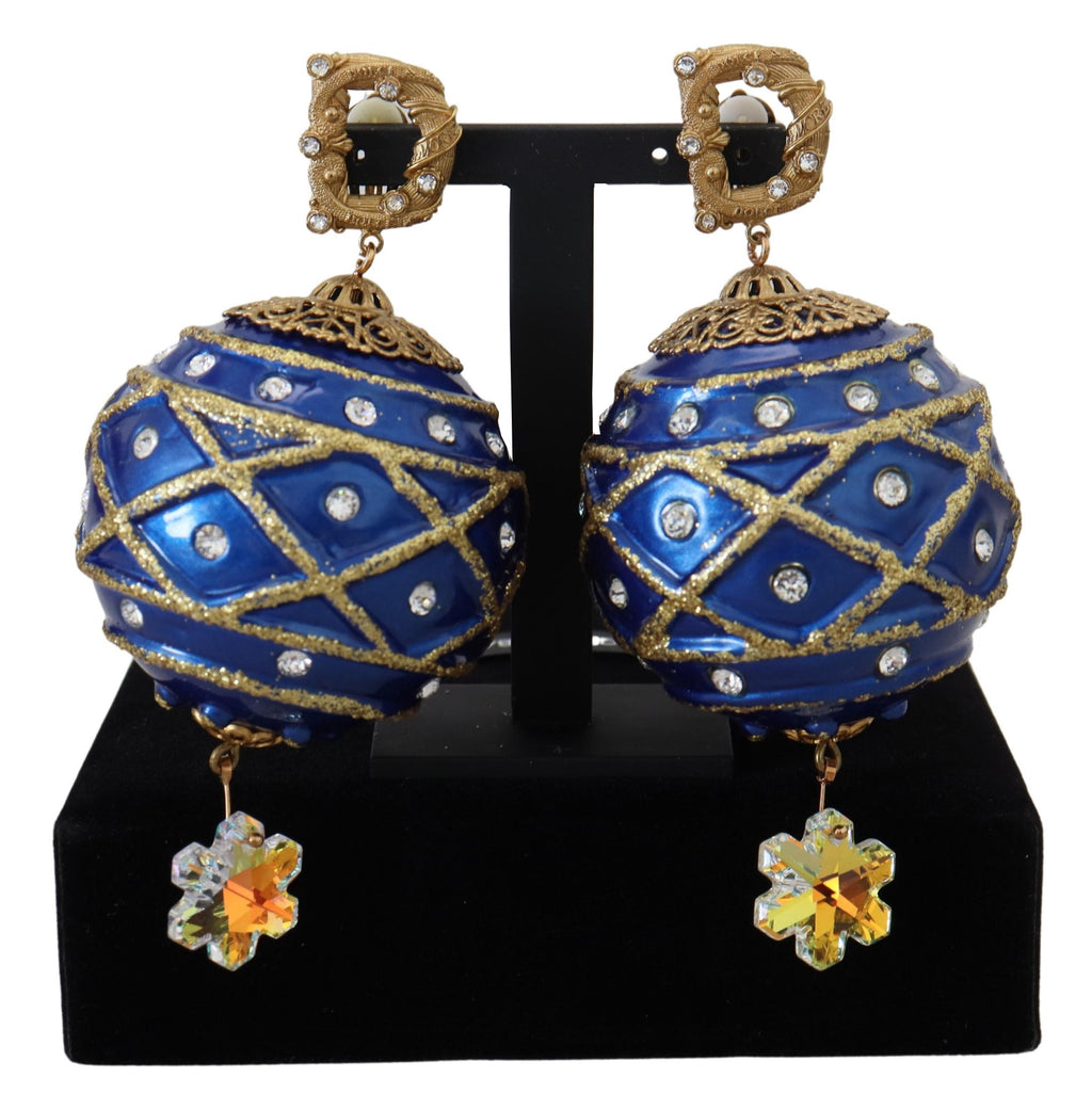 Boucles d'oreilles à clipser en forme de boule, en laiton doré, bleu et cristal.