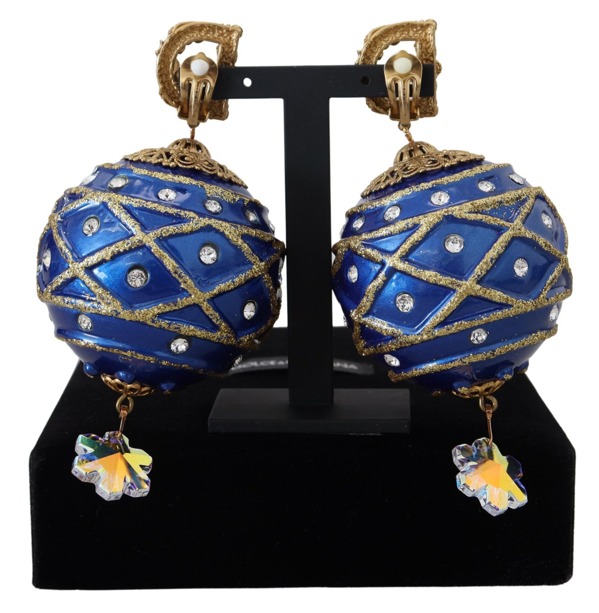 Boucles d'oreilles à clipser en forme de boule, en laiton doré, bleu et cristal.