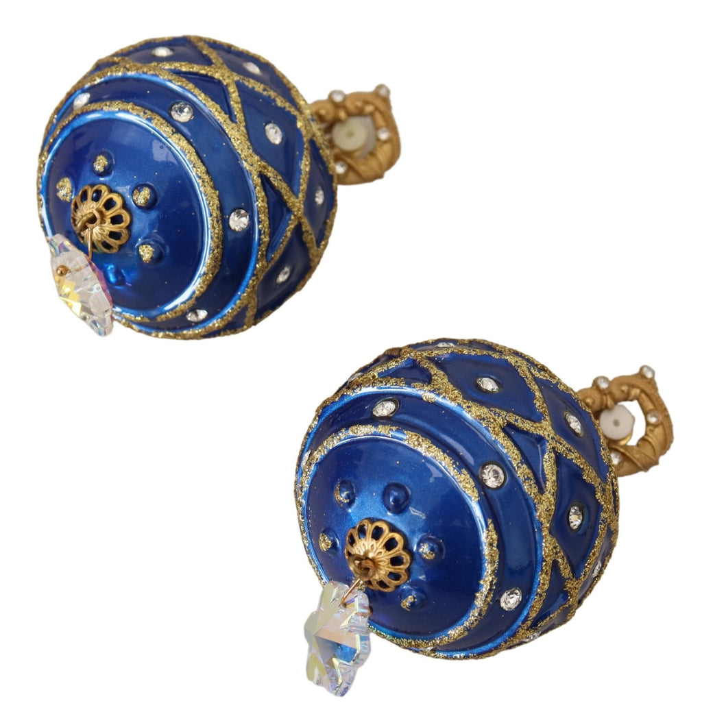 Boucles d'oreilles à clipser en forme de boule, en laiton doré, bleu et cristal.