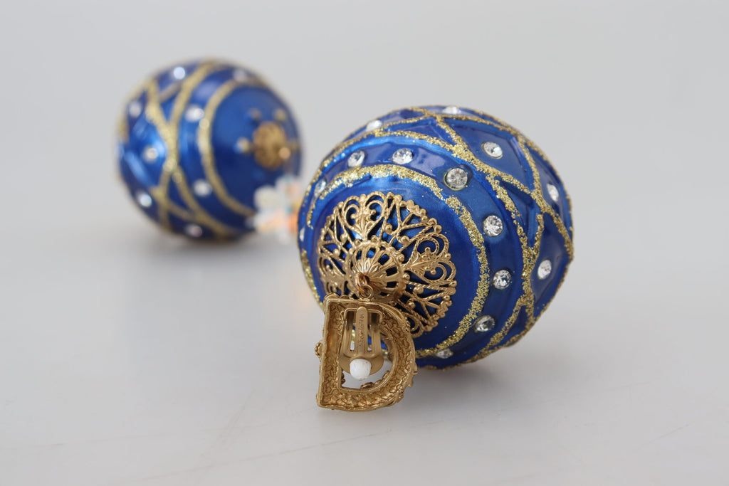 Boucles d'oreilles à clipser en forme de boule, en laiton doré, bleu et cristal.