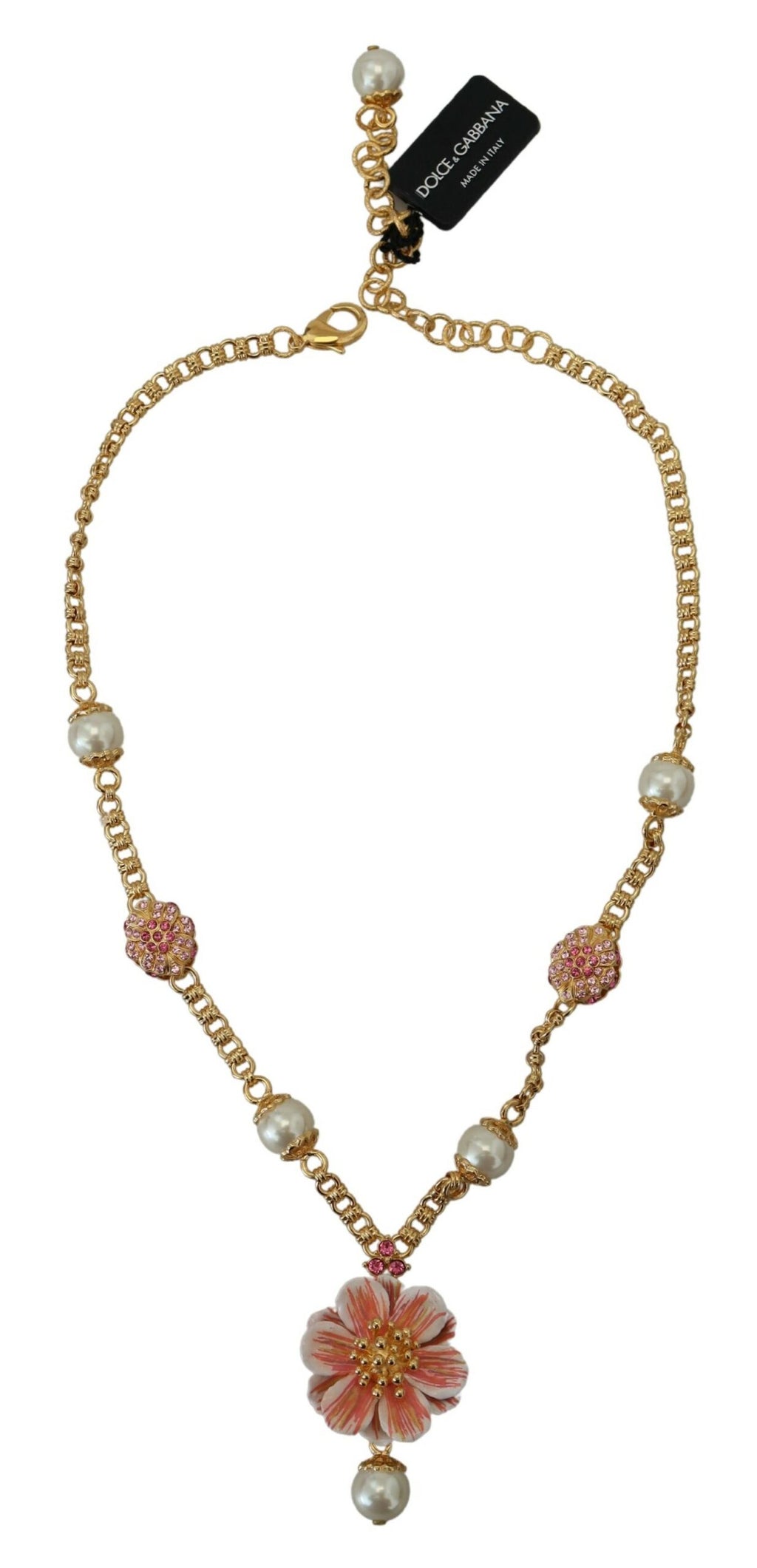 Collier doré à motifs floraux, ornements roses et cristaux.
