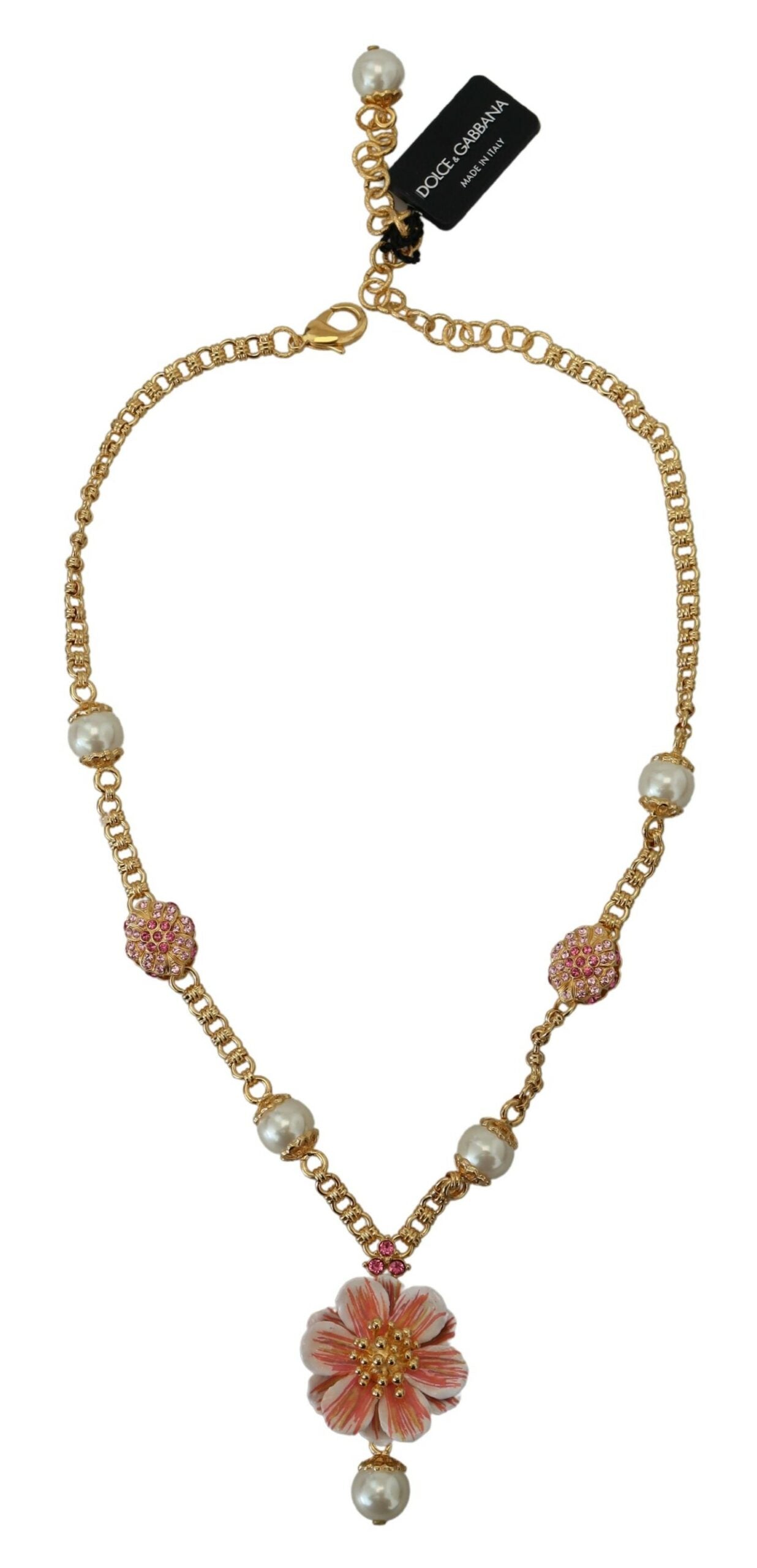 Collier doré à motifs floraux, ornements roses et cristaux.