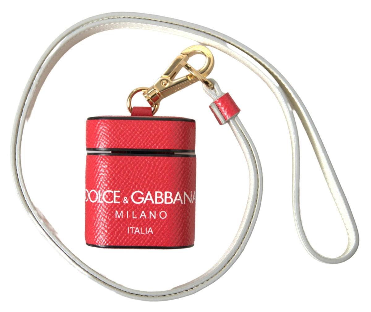 Red Leather Gold Tone Metal Logo Print Strap Airpods Case