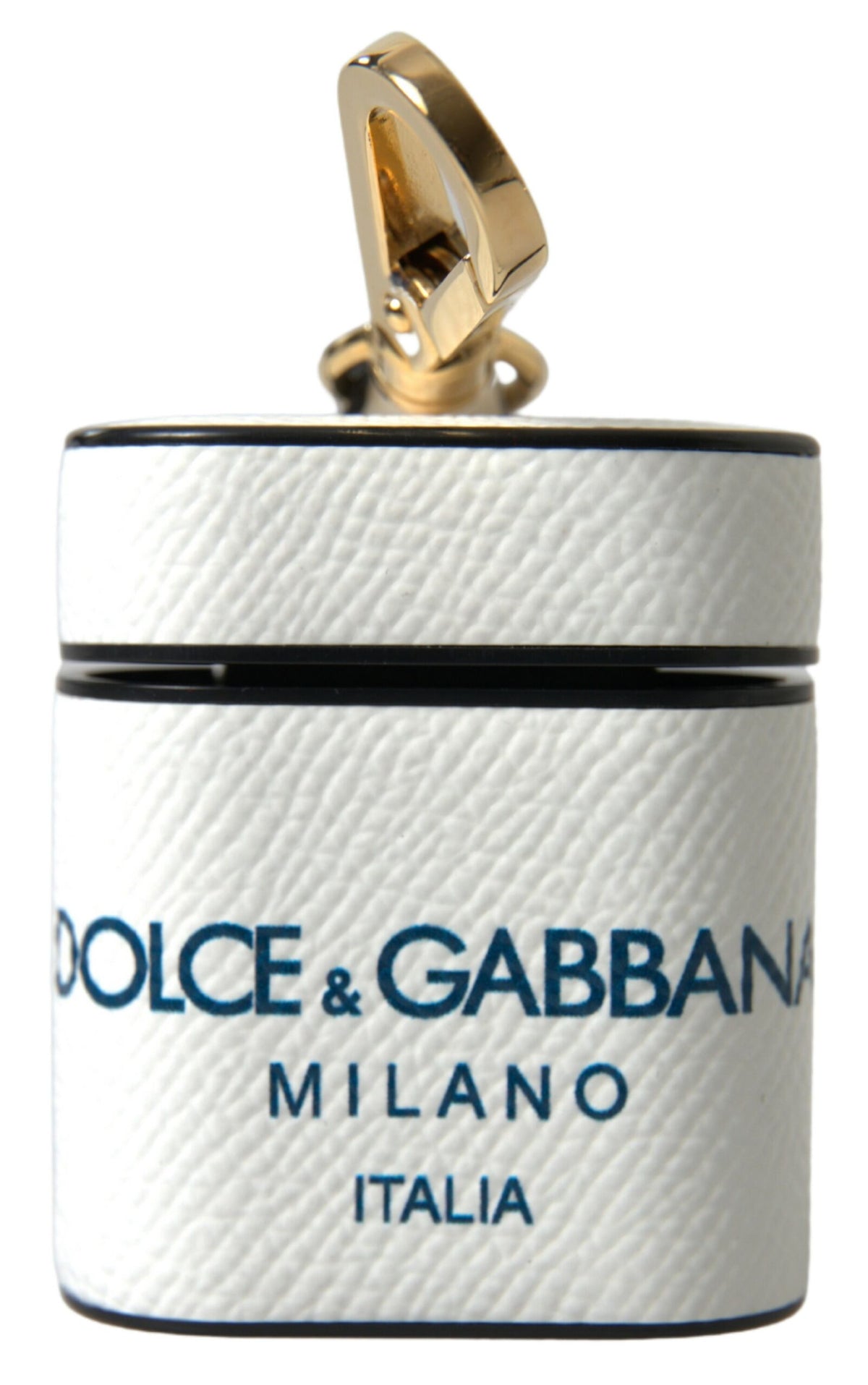 Étui Airpods avec sangle en cuir de veau blanc et bleu, imprimé du logo.