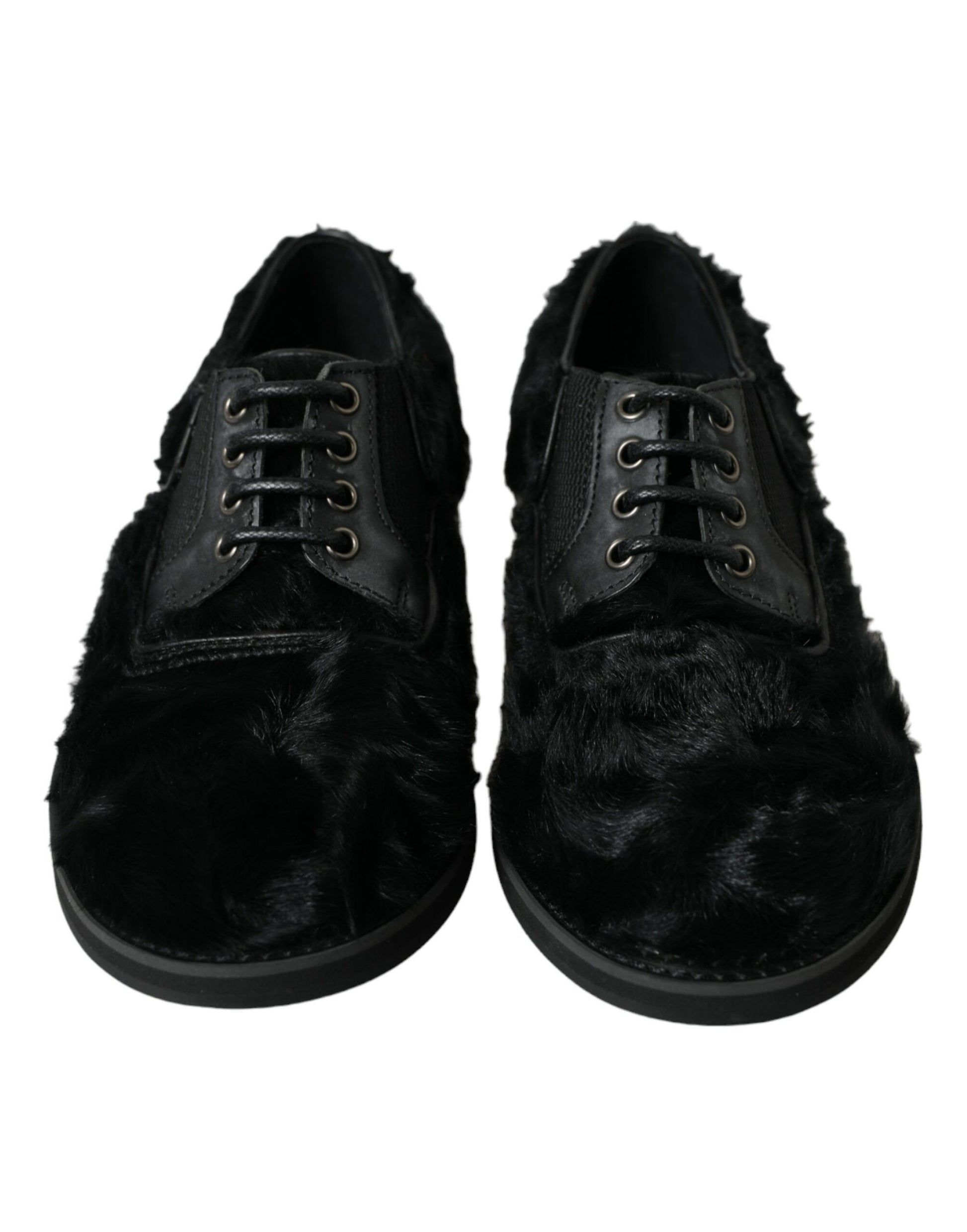 Chaussures de ville derby en cuir noir à lacets et fourrure