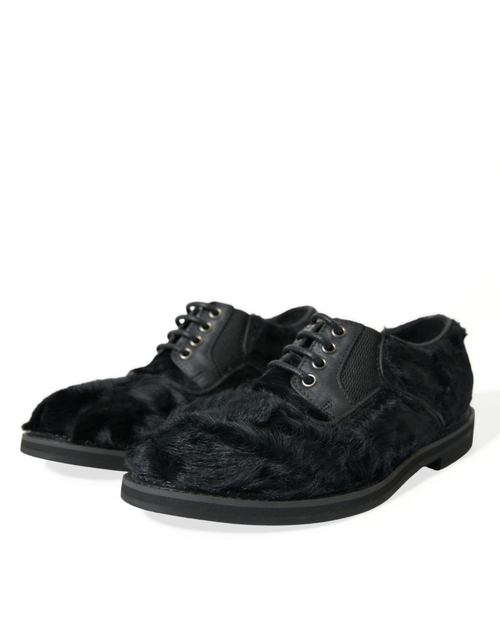 Chaussures de ville derby en cuir noir à lacets et fourrure