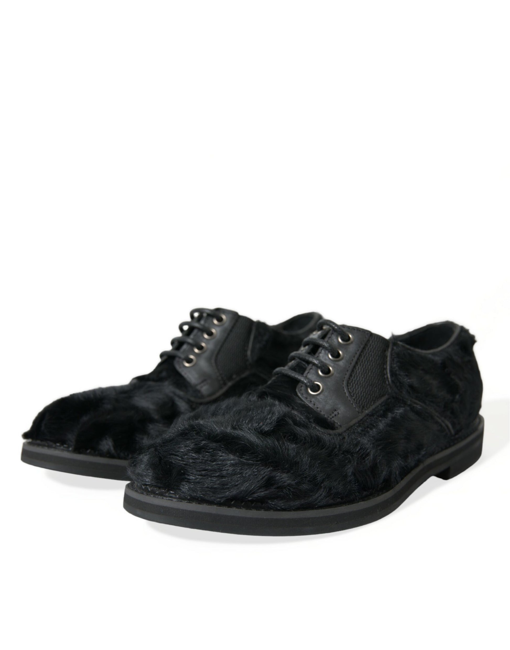 Chaussures de ville derby en cuir noir à lacets et fourrure