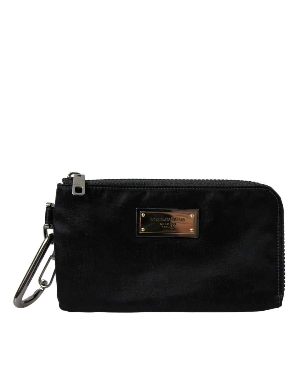 Pochette à clés en nylon noir avec plaque de logo, sac à main à rabat.