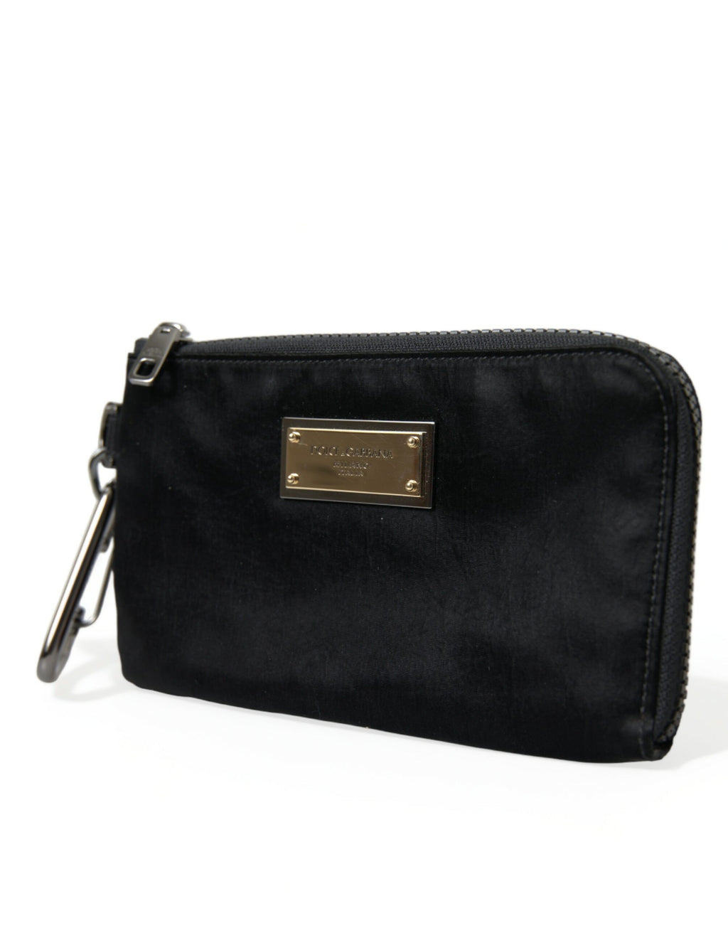 Pochette à clés en nylon noir avec plaque de logo, sac à main à rabat.