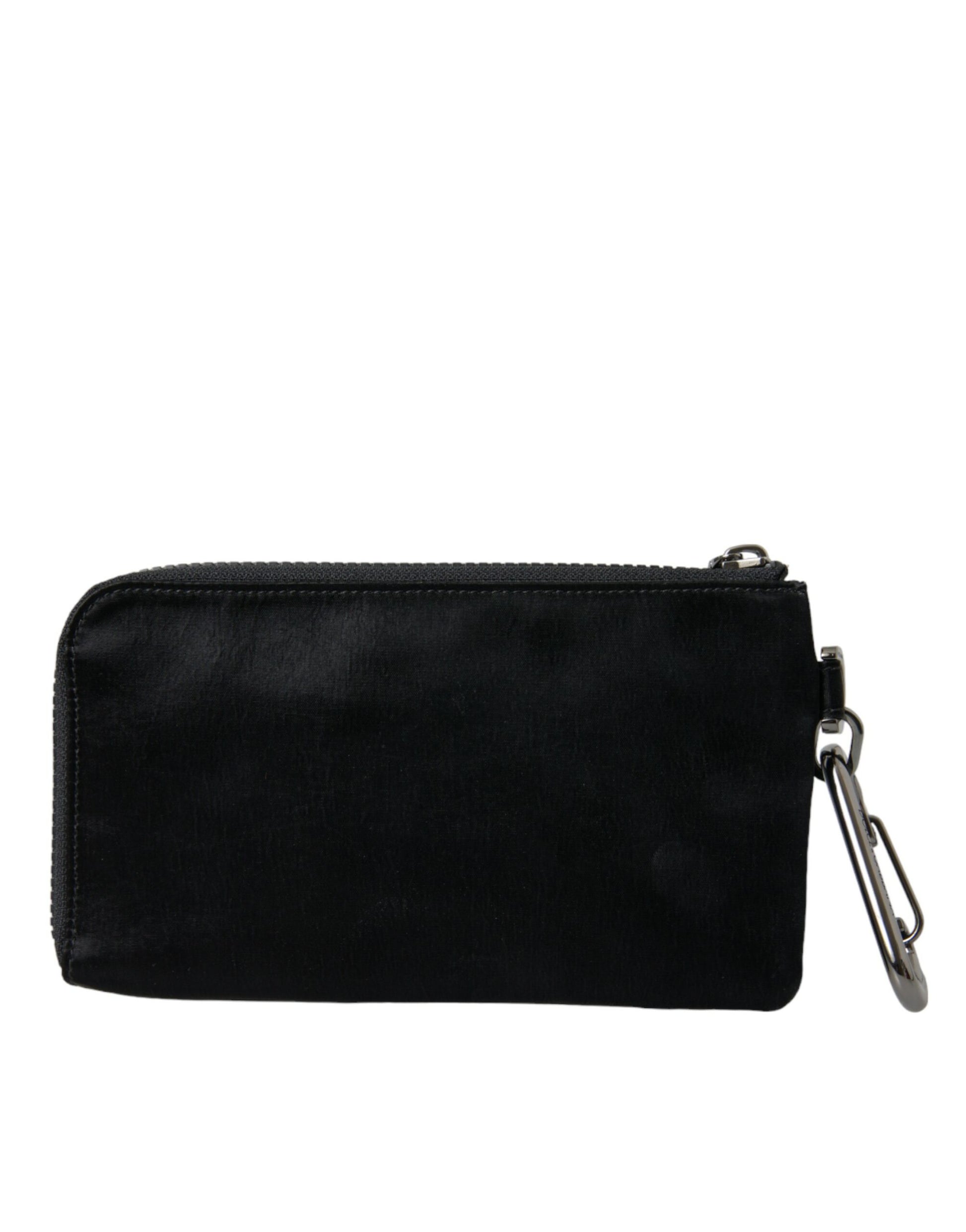Pochette à clés en nylon noir avec plaque de logo, sac à main à rabat.