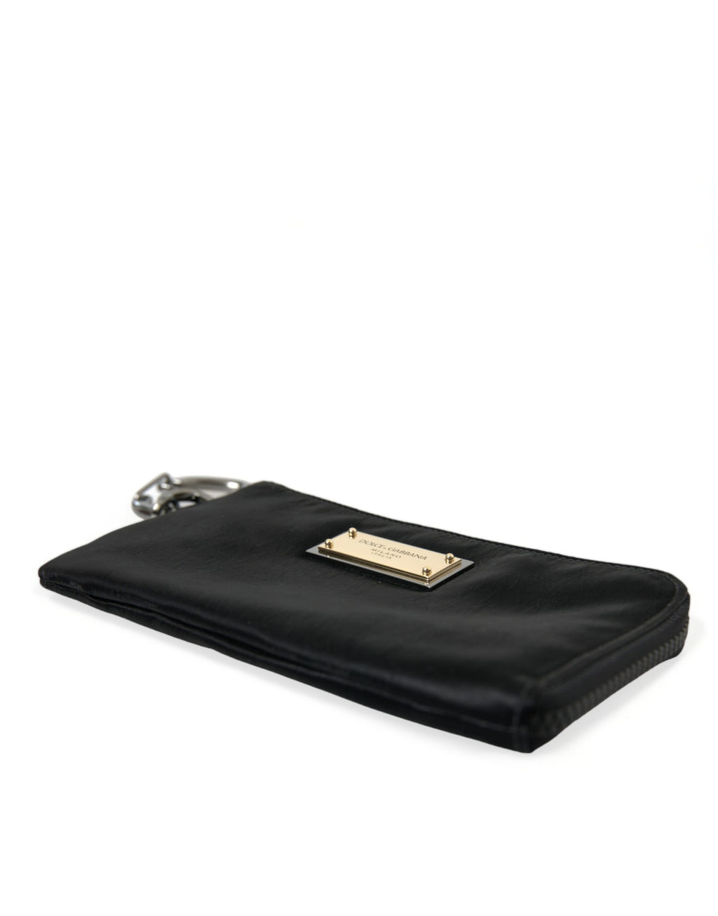 Pochette à clés en nylon noir avec plaque de logo, sac à main à rabat.