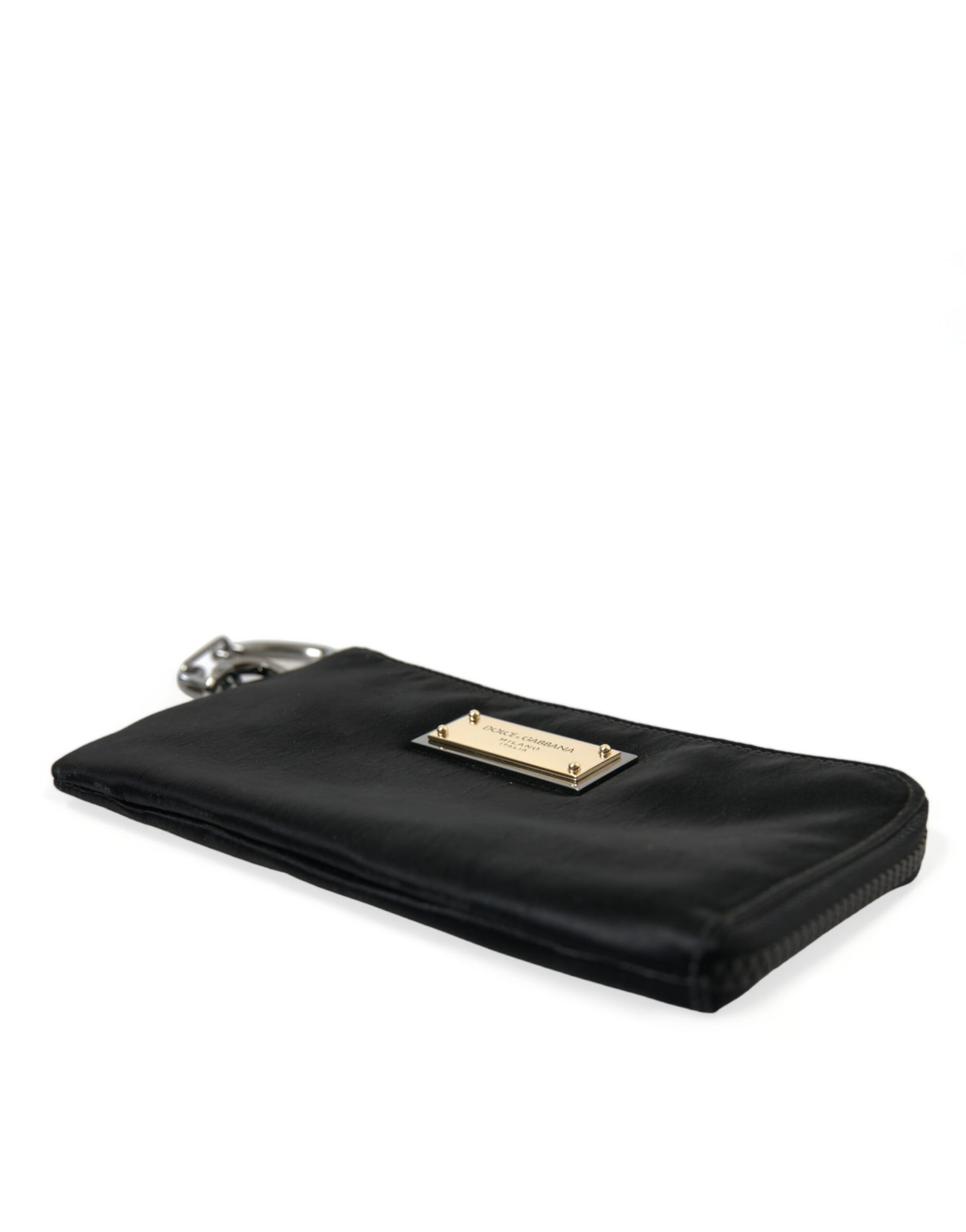 Pochette à clés en nylon noir avec plaque de logo, sac à main à rabat.