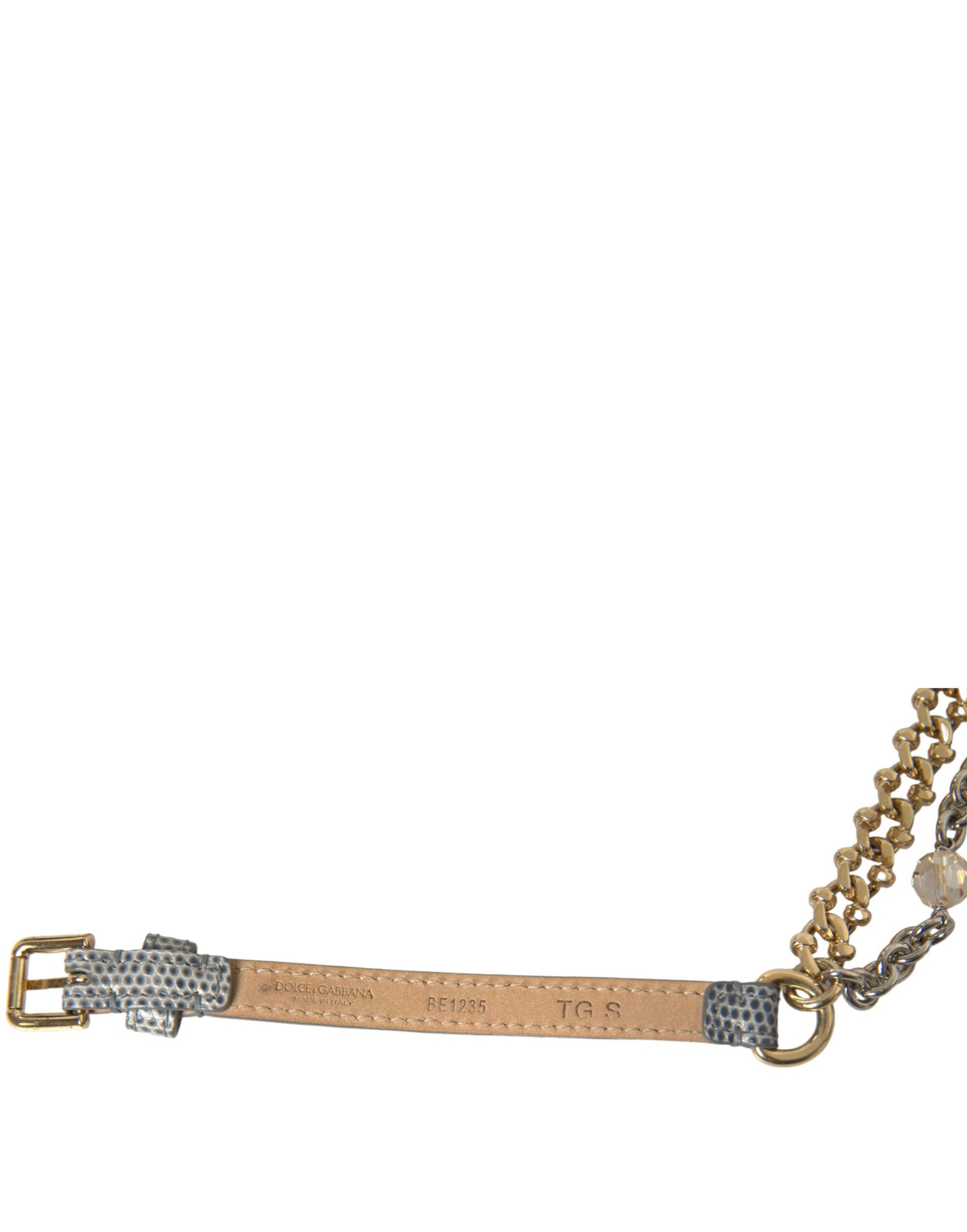 Ceinture taille en chaîne tressée bleue et laiton doré