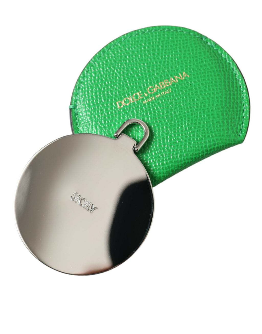 Étui pour miroir à main rond en cuir de veau vert avec logo