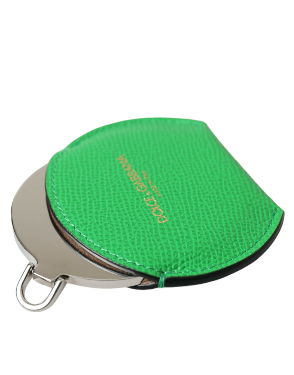 Étui pour miroir à main rond en cuir de veau vert avec logo