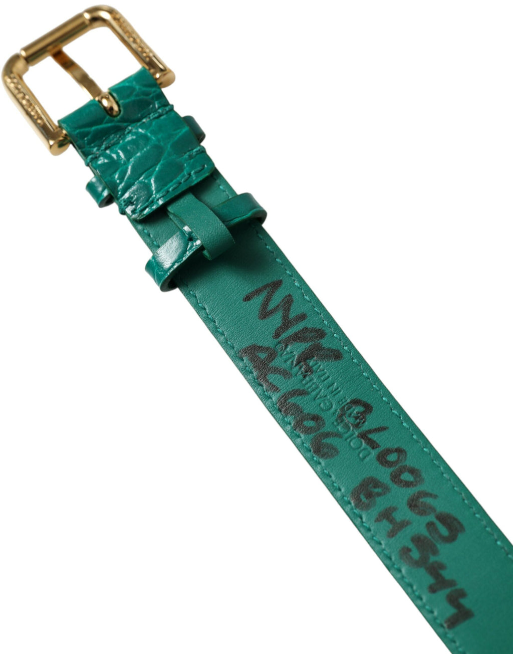 Green Textured Leather Gold Tone Metal Buckle Neckband