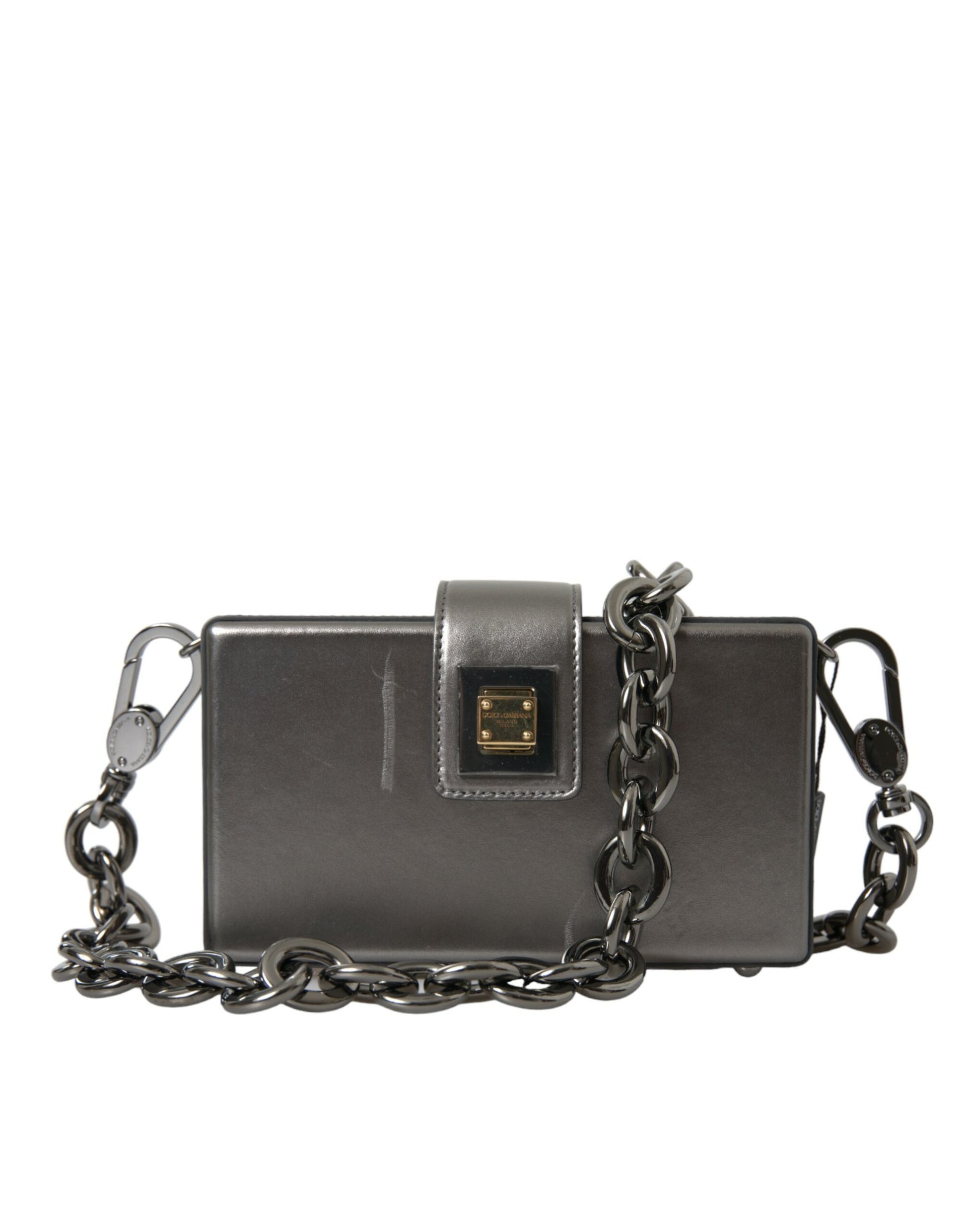 Sac à bandoulière DG BOX en cuir de veau gris métallisé