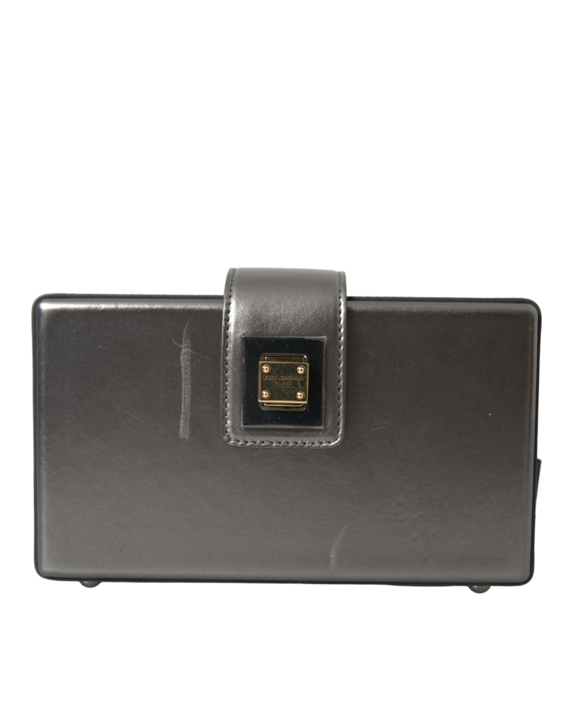 Sac à bandoulière DG BOX en cuir de veau gris métallisé