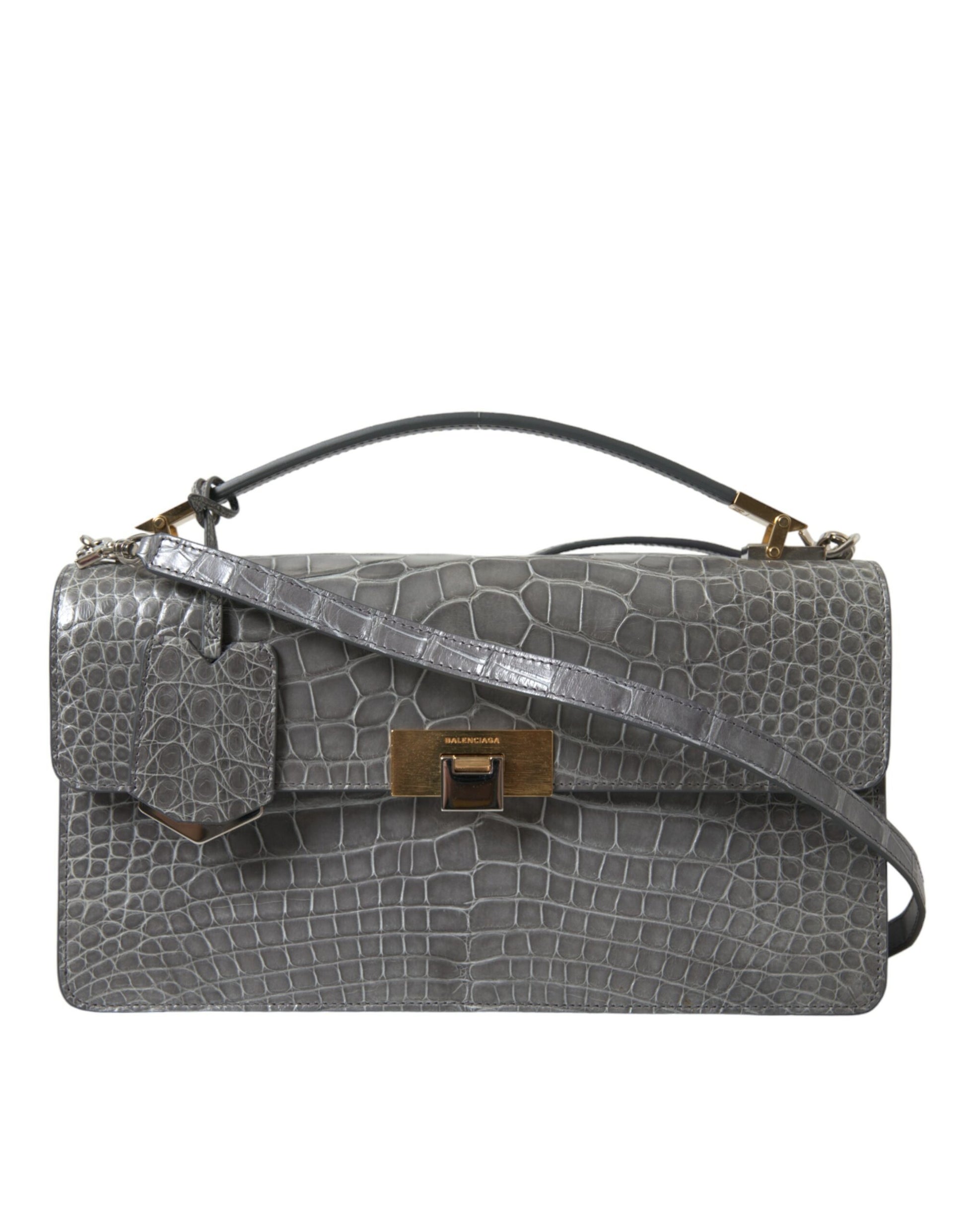 Sac à main porté épaule moyen en cuir exotique gris.