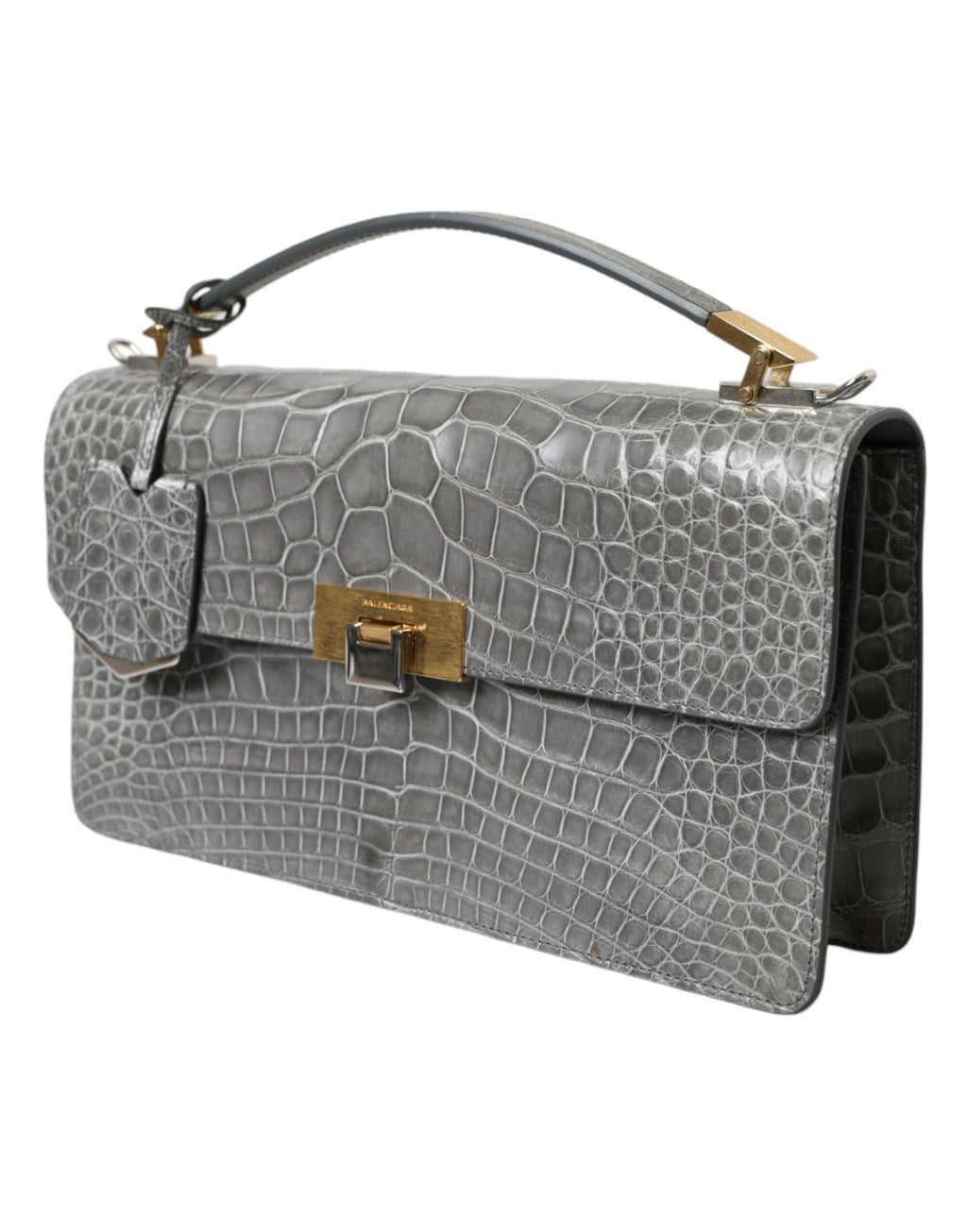 Sac à main porté épaule moyen en cuir exotique gris.