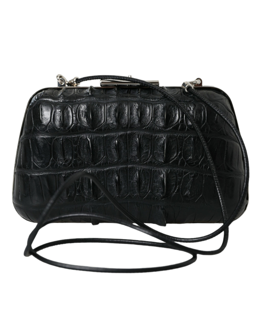 Sac à main porté épaule et porté bandoulière, type boîte, en cuir de peau exotique noire.