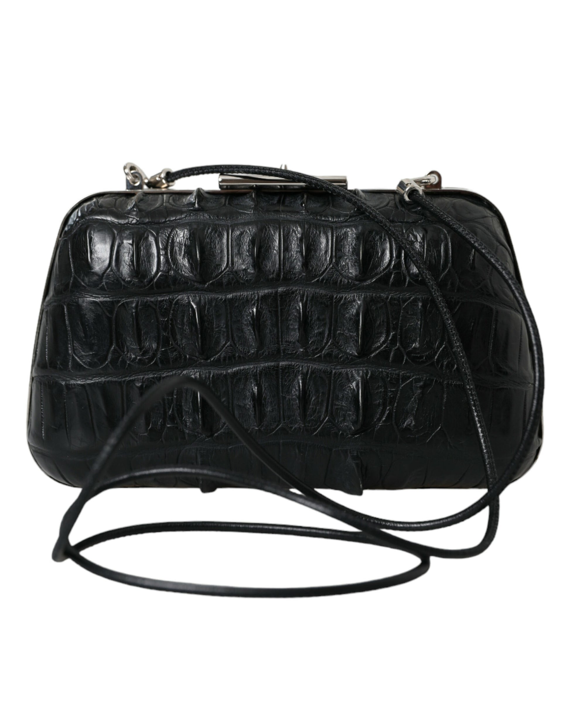 Sac à main porté épaule et porté bandoulière, type boîte, en cuir de peau exotique noire.