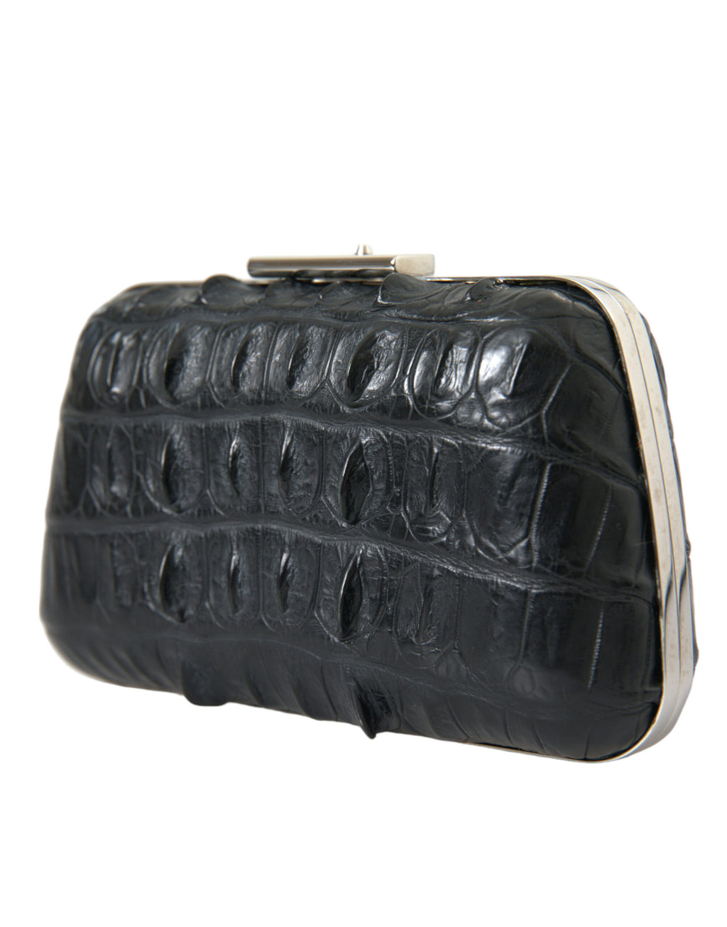 Sac à main porté épaule et porté bandoulière, type boîte, en cuir de peau exotique noire.