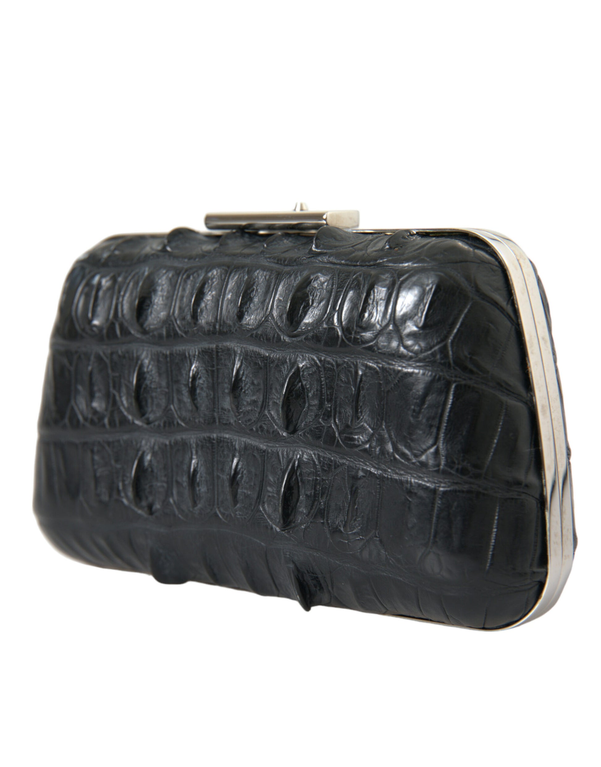 Sac à main porté épaule et porté bandoulière, type boîte, en cuir de peau exotique noire.