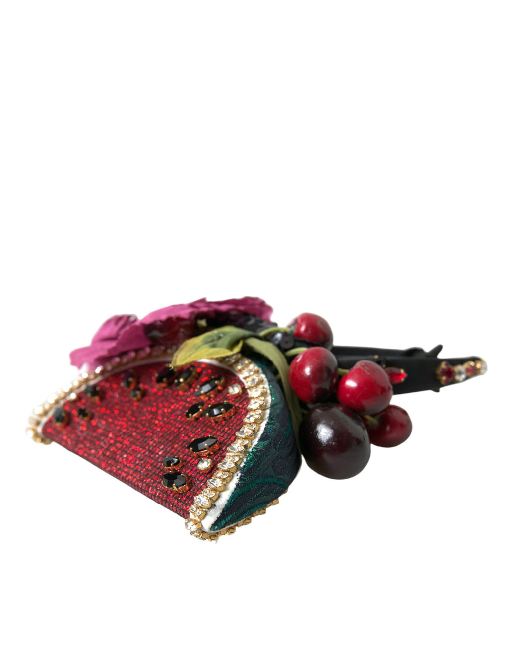 Diadème à déclaration avec ruban pour cheveux en forme de pastèque rouge, cerise et cristal.