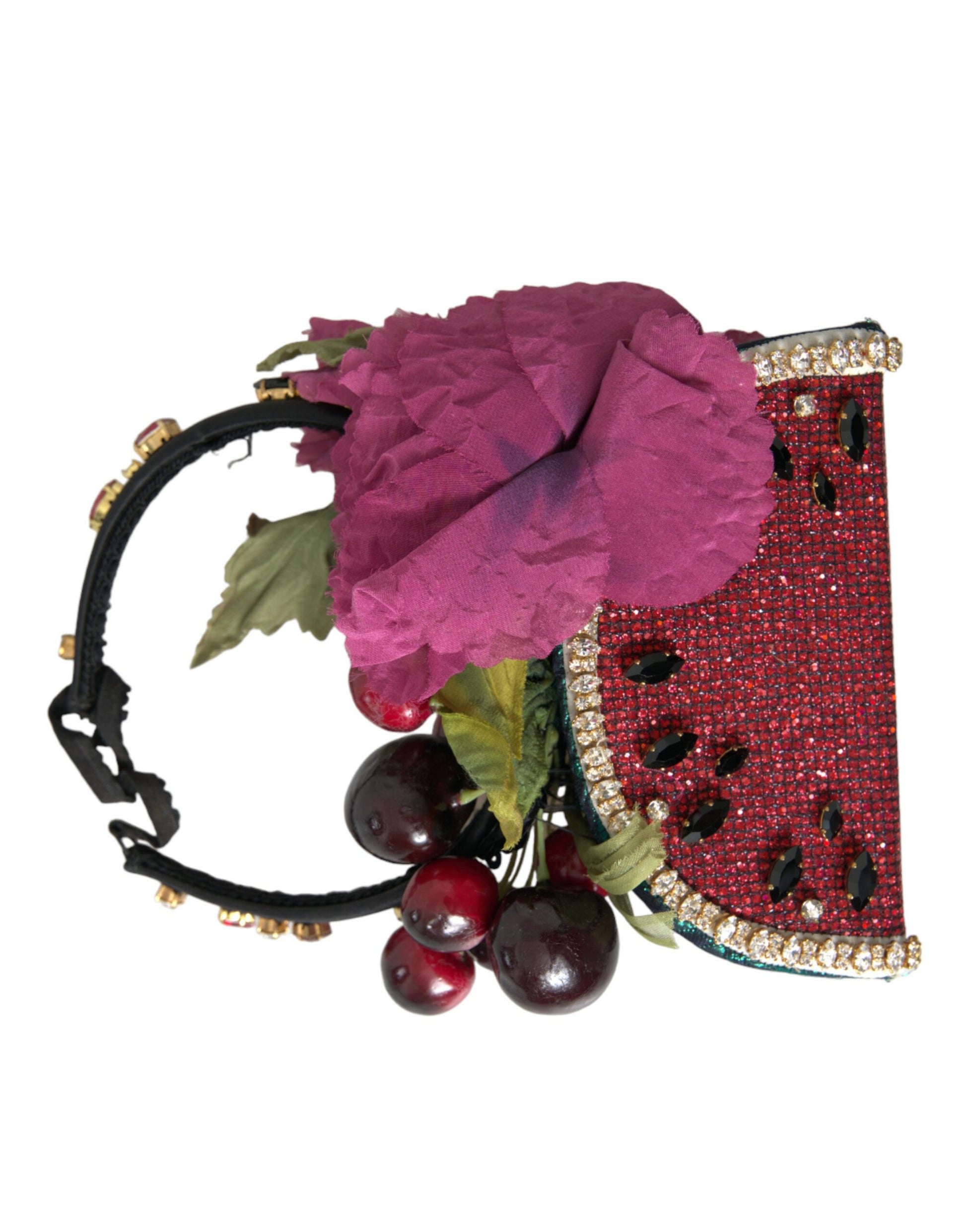 Diadème à déclaration avec ruban pour cheveux en forme de pastèque rouge, cerise et cristal.