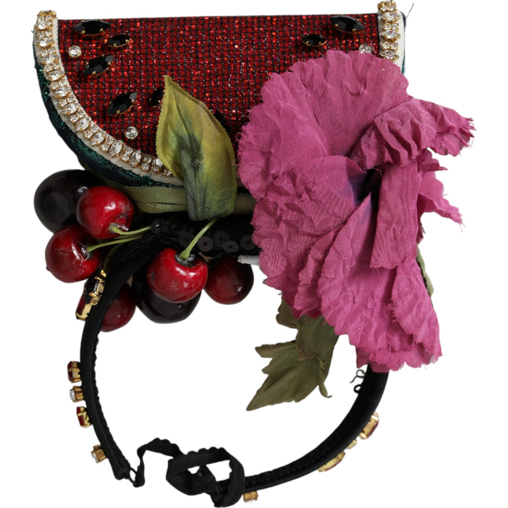 Diadème à déclaration avec ruban pour cheveux en forme de pastèque rouge, cerise et cristal.