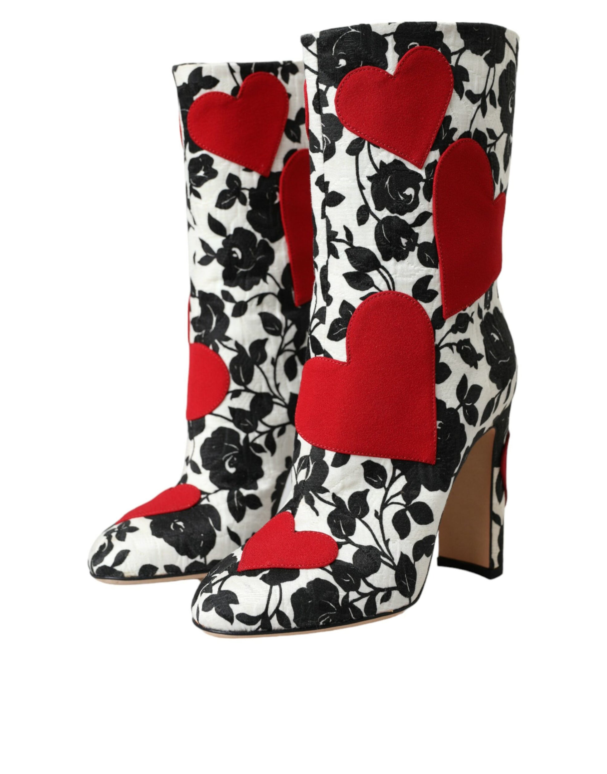 Bottines hautes en cuir blanc à motifs de cœurs et de fleurs