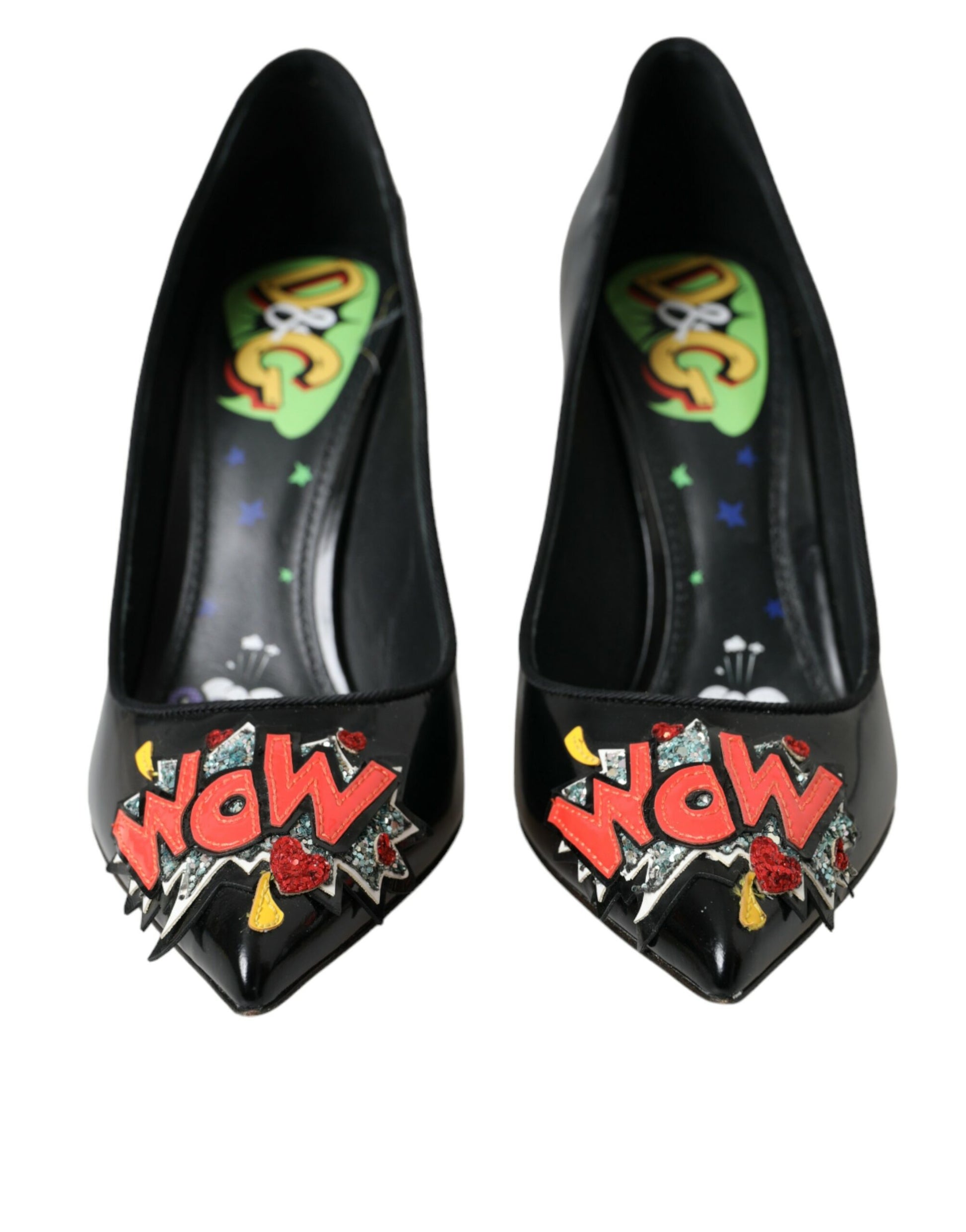 Escarpins en cuir noir avec patchs "WOW"