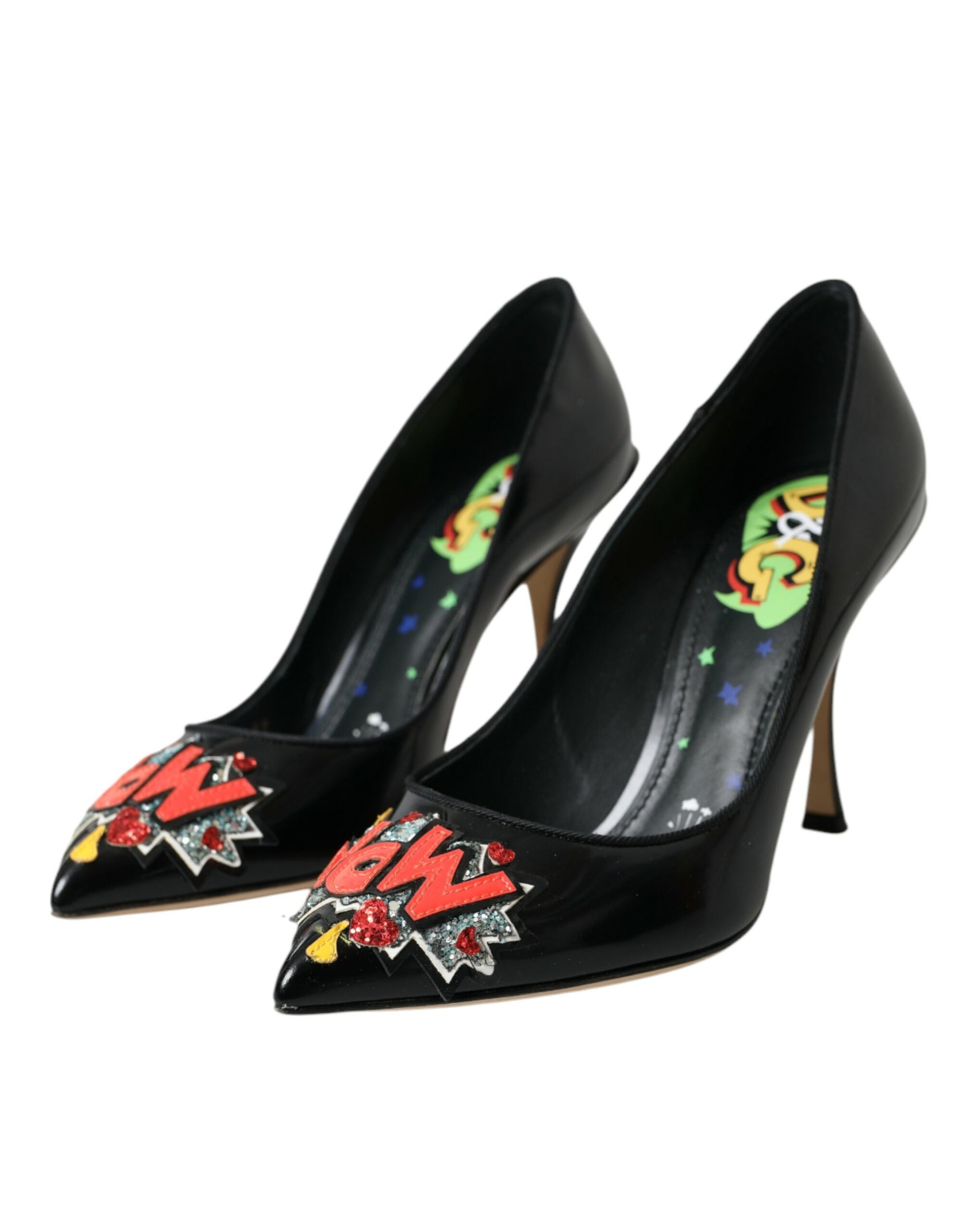 Escarpins en cuir noir avec patchs "WOW"