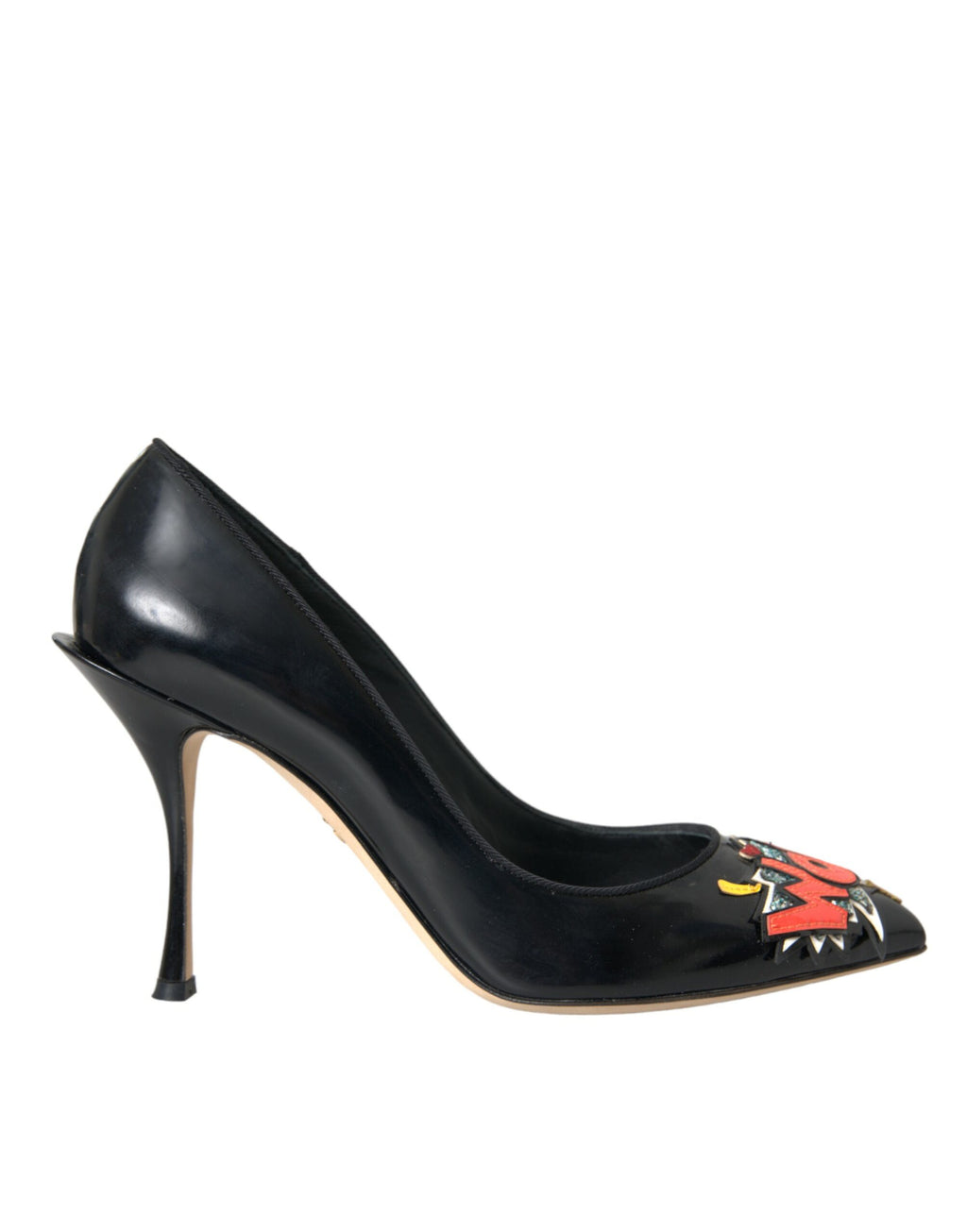 Escarpins en cuir noir avec patchs "WOW"