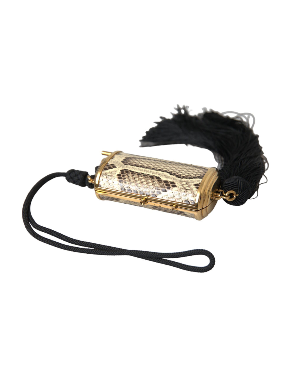 Mini sac de maquillage en cuir exotique beige avec miroir et pompon