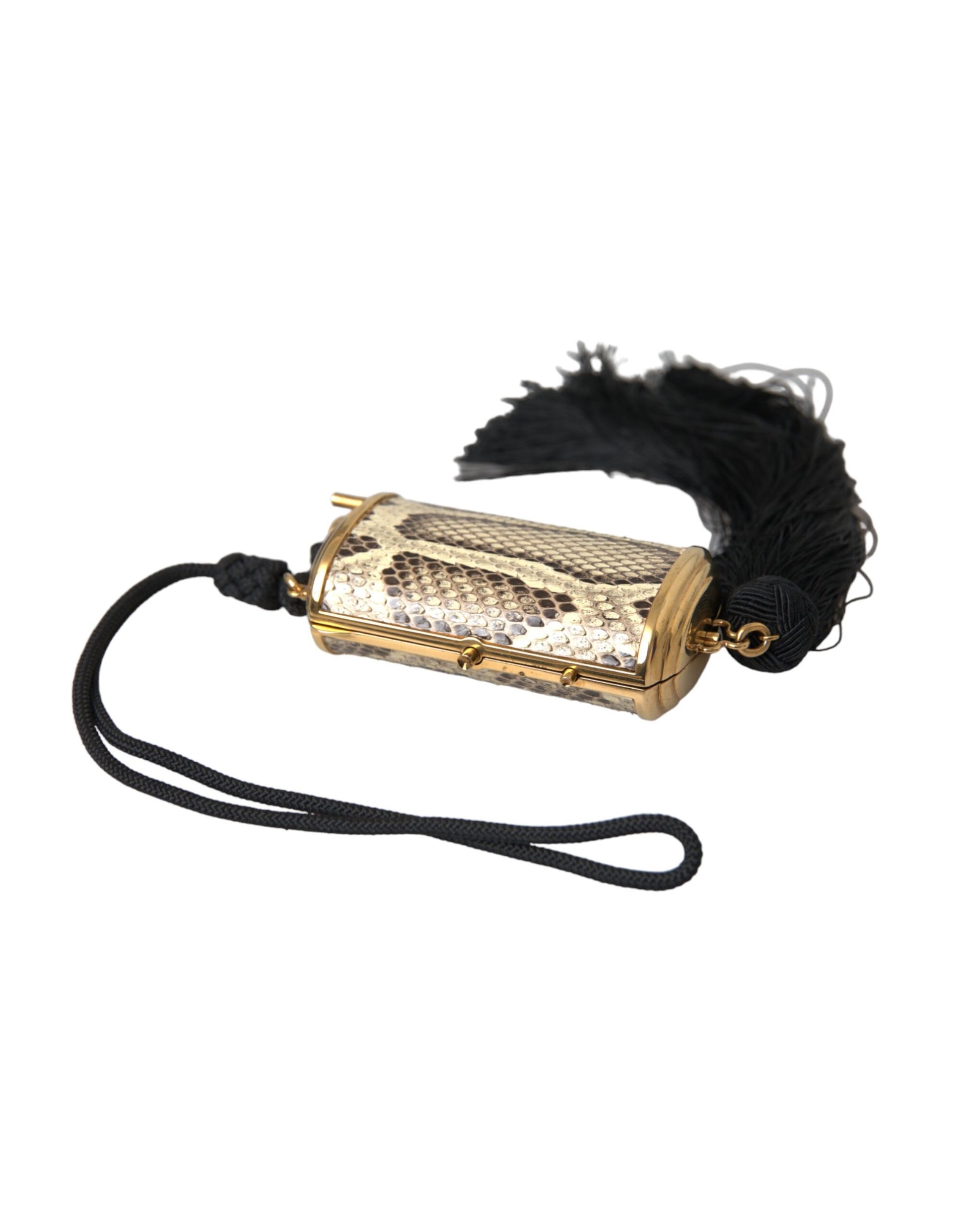 Mini sac de maquillage en cuir exotique beige avec miroir et pompon