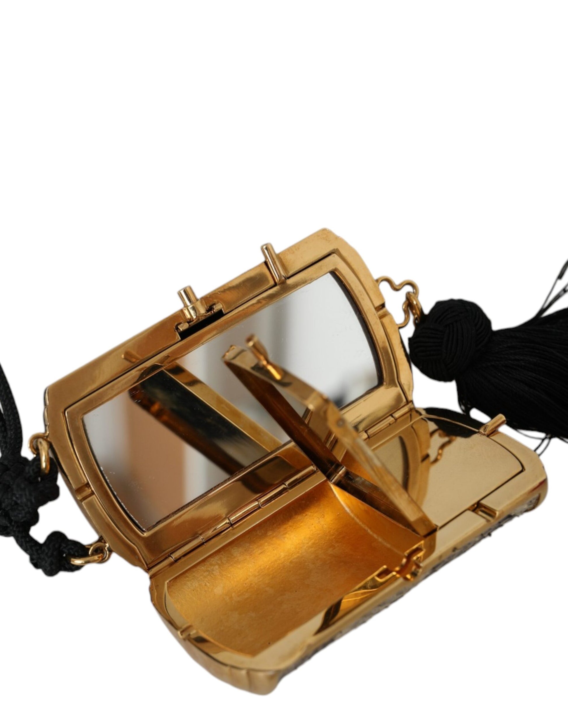 Mini sac de maquillage en cuir exotique beige avec miroir et pompon