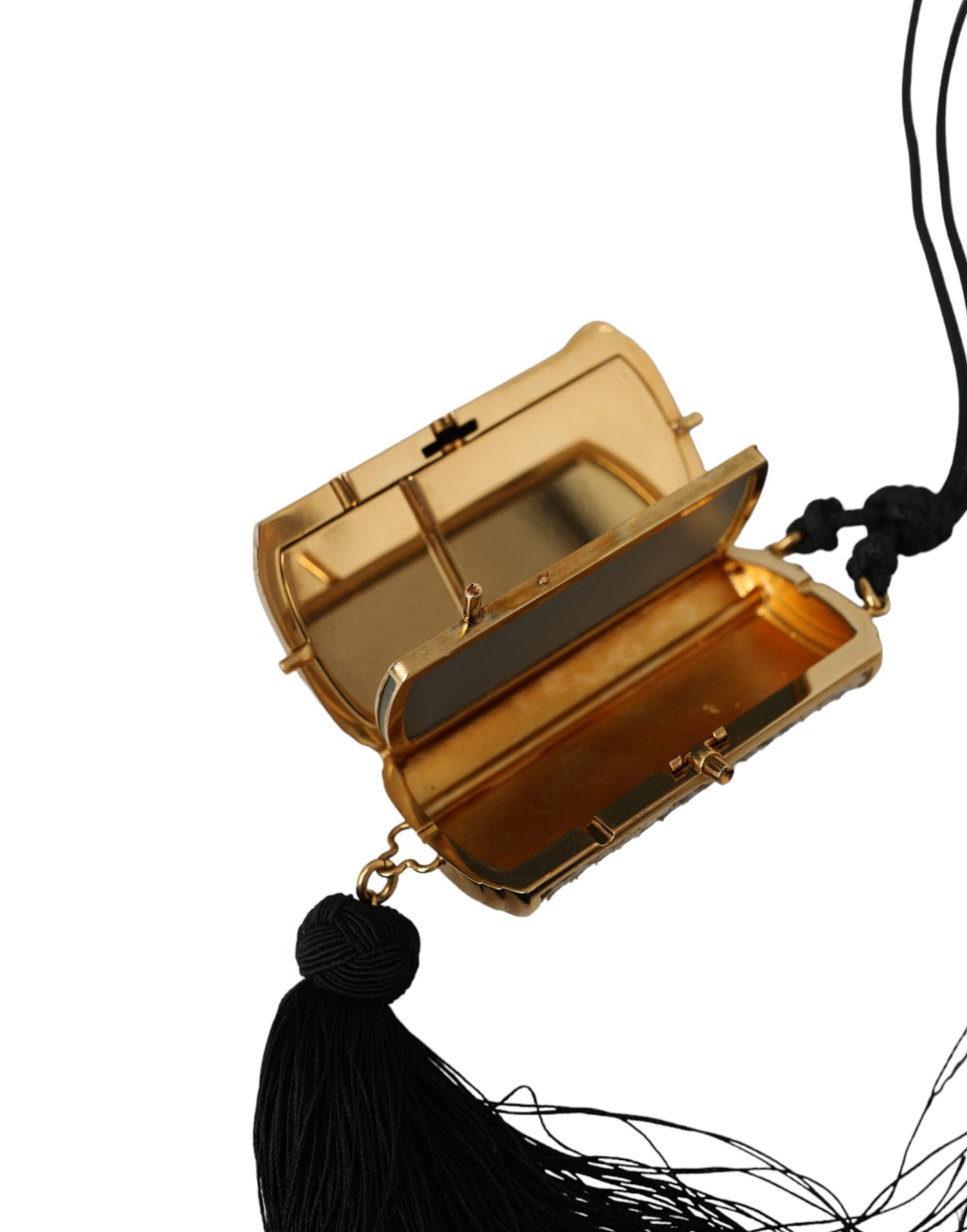 Mini sac de maquillage en cuir exotique beige avec miroir et pompon