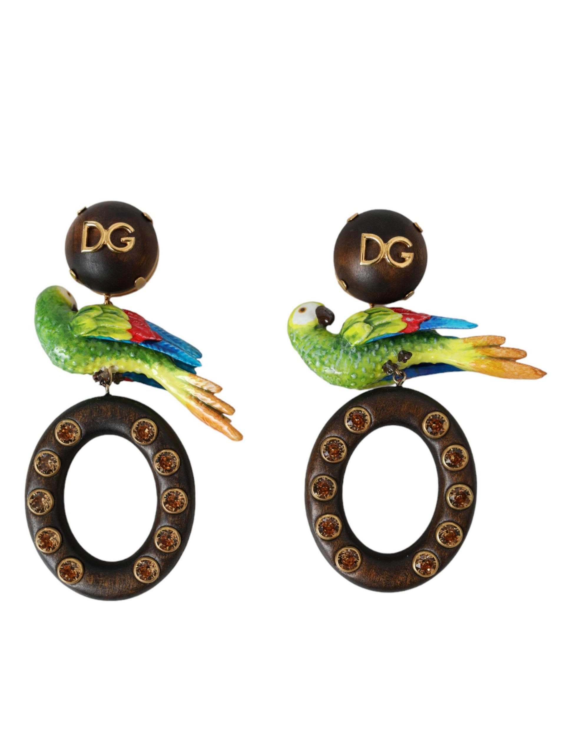 Boucles d'oreilles multicolores en forme de perroquet, ornées de cristal, en bois et en laiton.