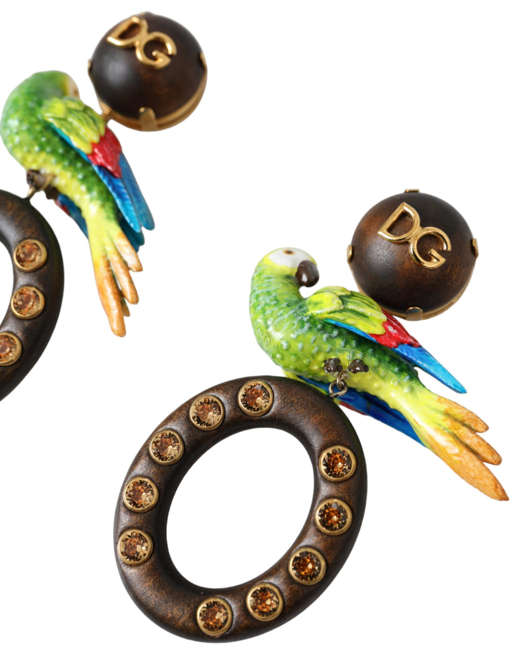 Boucles d'oreilles multicolores en forme de perroquet, ornées de cristal, en bois et en laiton.