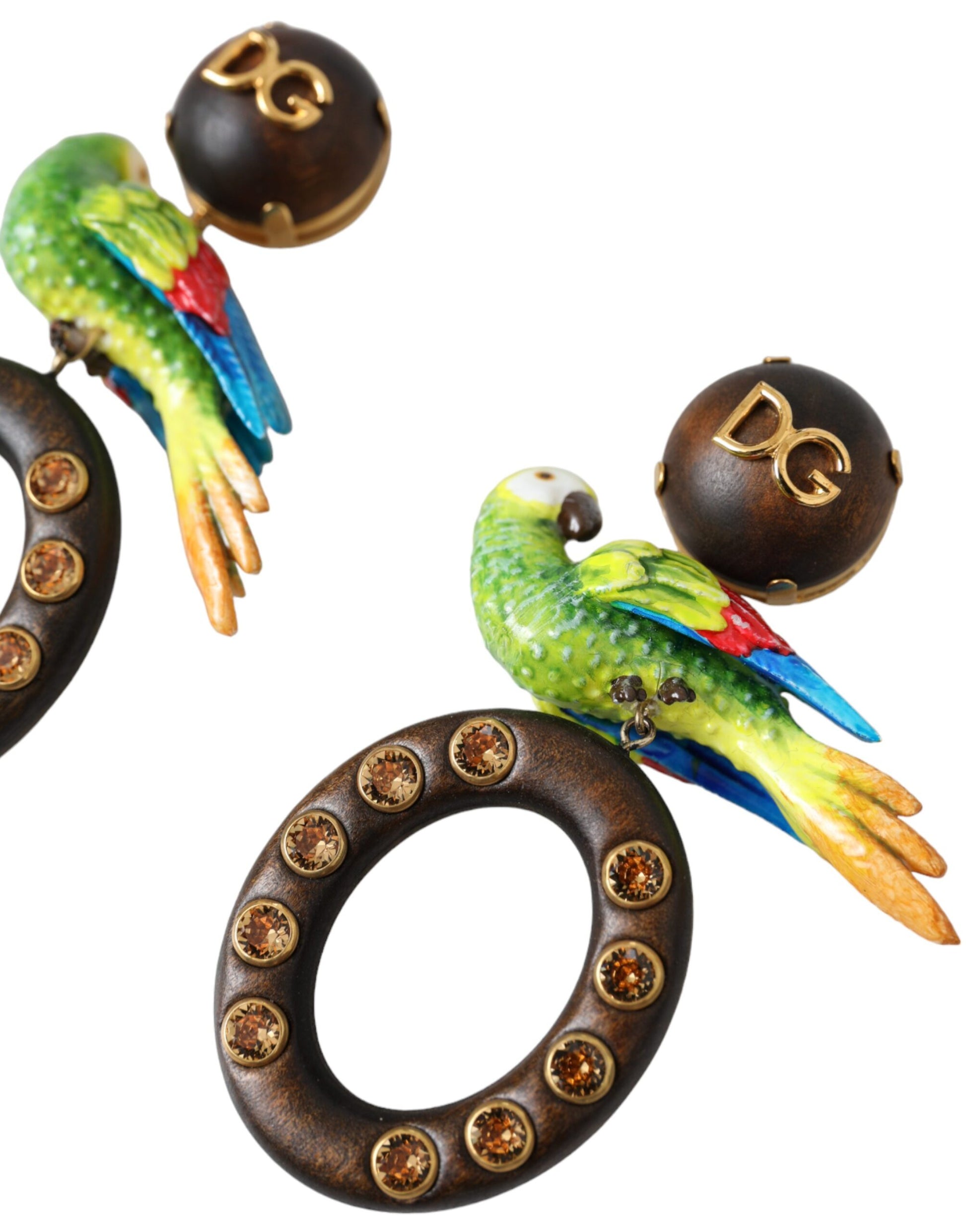 Boucles d'oreilles multicolores en forme de perroquet, ornées de cristal, en bois et en laiton.