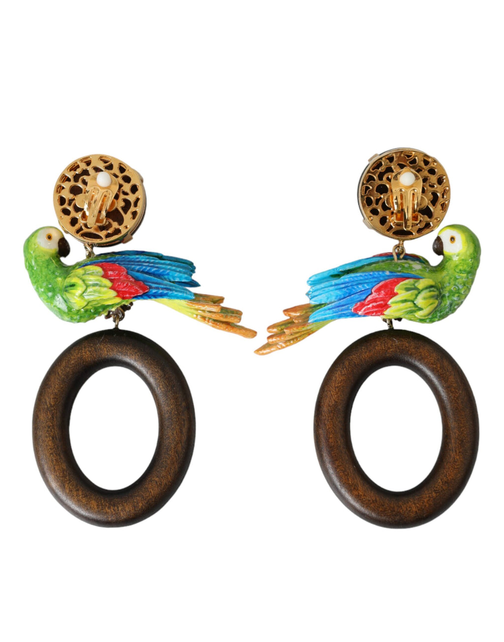 Boucles d'oreilles multicolores en forme de perroquet, ornées de cristal, en bois et en laiton.