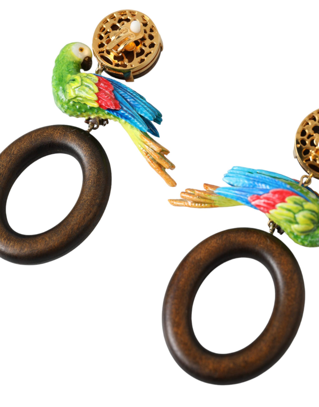 Boucles d'oreilles multicolores en forme de perroquet, ornées de cristal, en bois et en laiton.