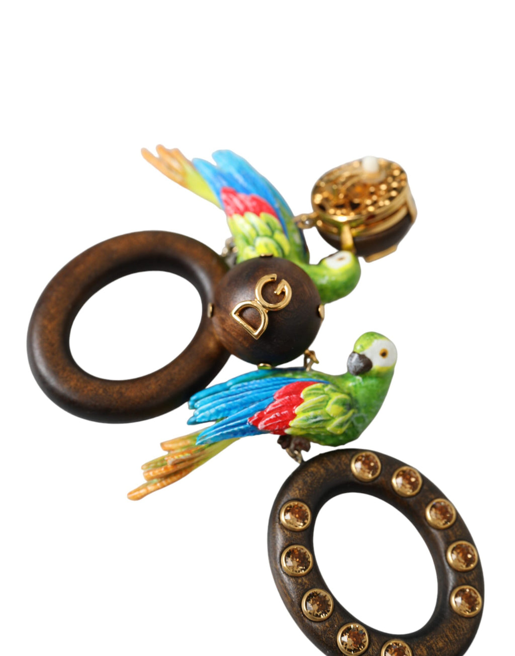 Boucles d'oreilles multicolores en forme de perroquet, ornées de cristal, en bois et en laiton.